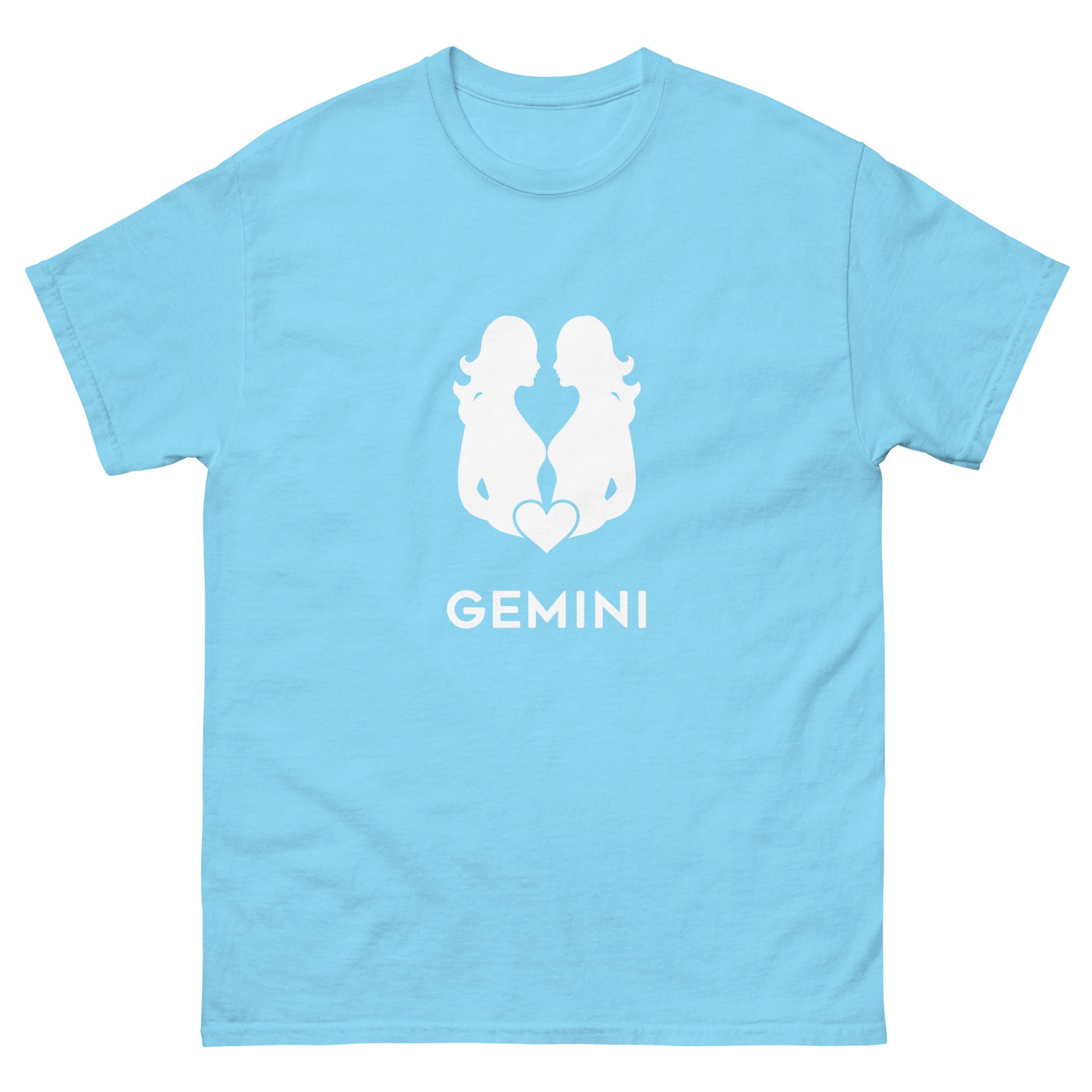 sky Gemini Zodiac Sign T-shirt from Yebber, featuring a minimalist twin symbol with a heart – statement clothing for astrology enthusiasts.