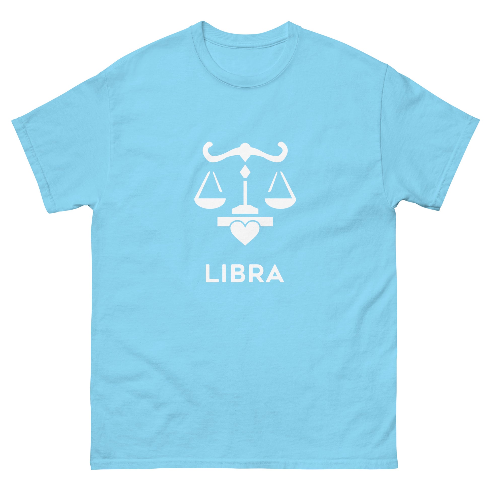 sky Libra Zodiac Sign T-shirt from Yebber, featuring a minimalist scales symbol with a heart – statement clothing for astrology enthusiasts.