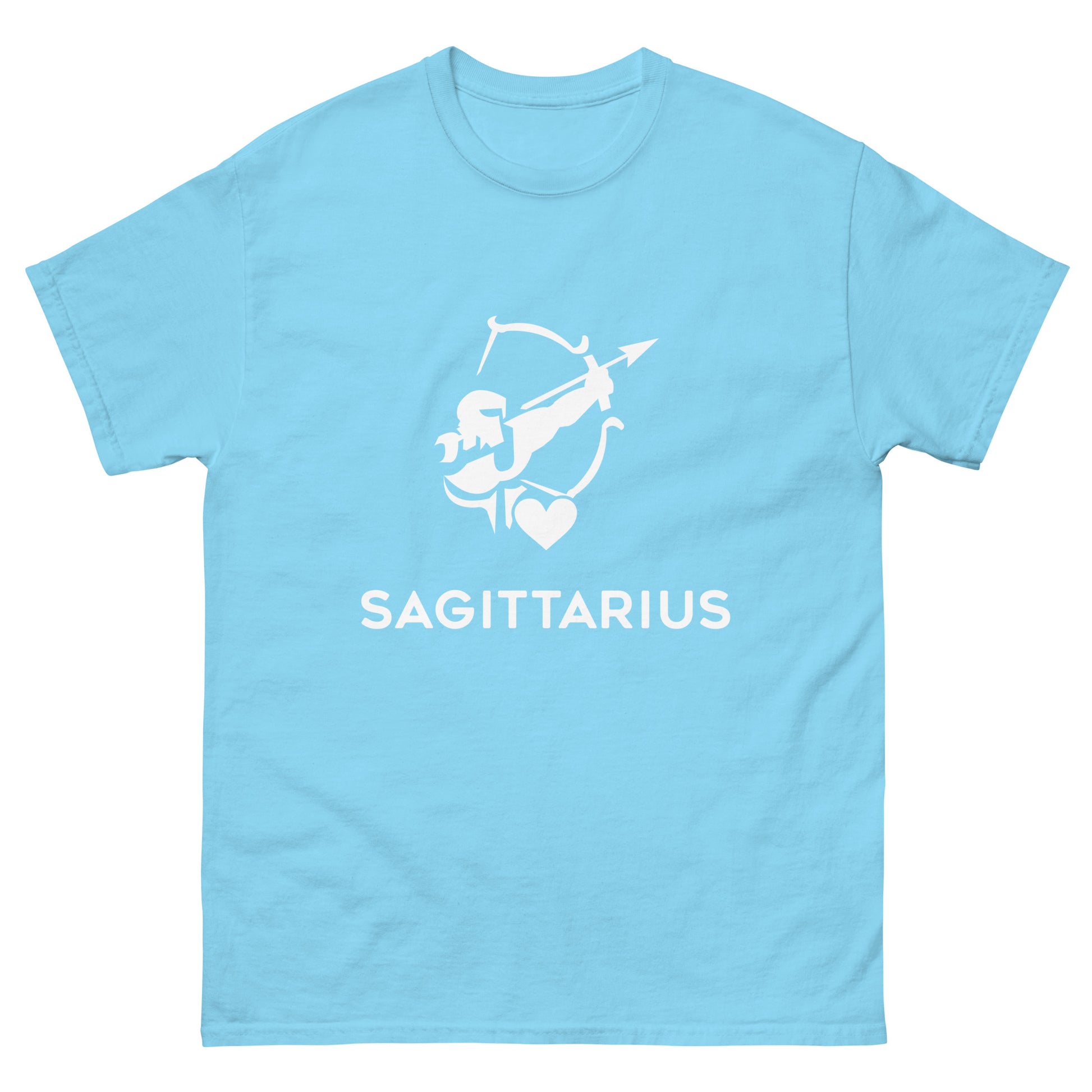 sky Sagittarius Zodiac Sign T-shirt from Yebber, featuring a minimalist archer symbol with a heart – statement clothing for astrology enthusiasts.