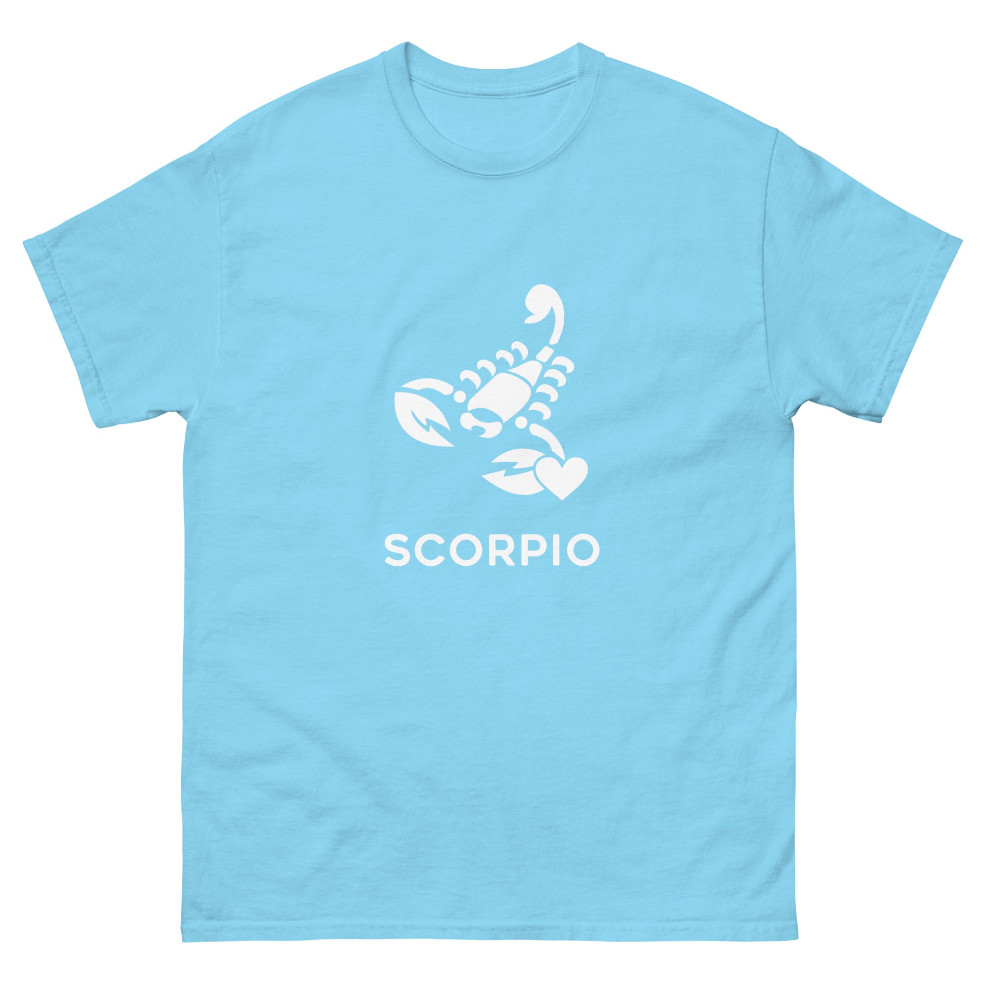 sky Scorpio Zodiac Sign T-shirt from Yebber, featuring a minimalist scorpion symbol with a heart – statement clothing for astrology enthusiasts.