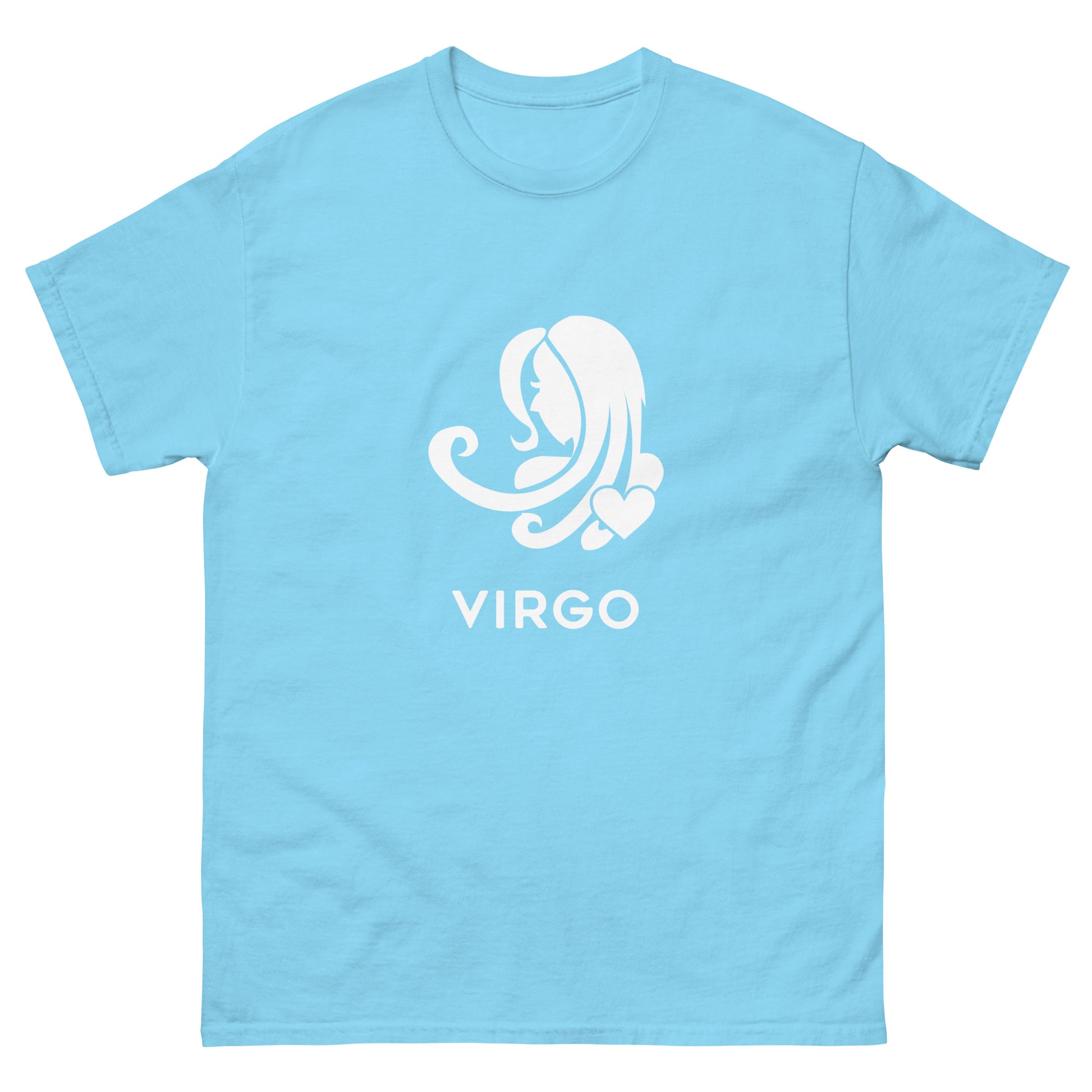 Sky Virgo Zodiac Sign T-shirt from Yebber, featuring a minimalist Virgo symbol with a heart – statement clothing for astrology enthusiasts.