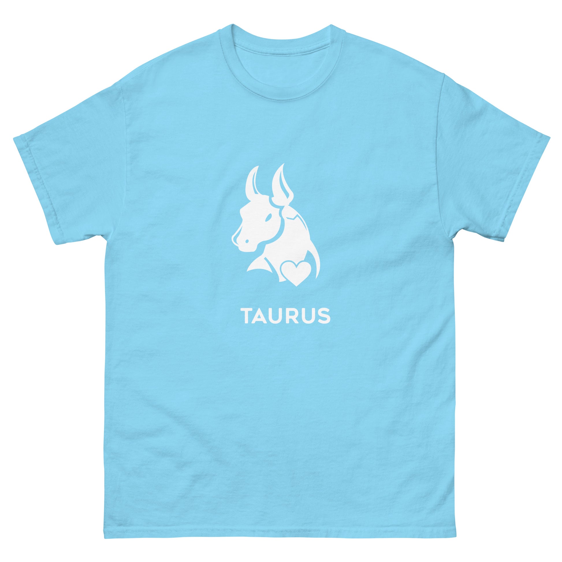 Sky Taurus Zodiac Sign T-shirt from Yebber, featuring a minimalist bull symbol in a heart – statement clothing for astrology enthusiasts.