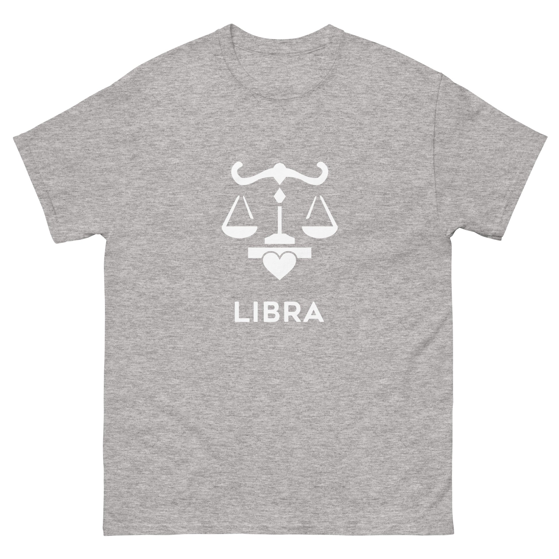 sport grey Libra Zodiac Sign T-shirt from Yebber, featuring a minimalist scales symbol with a heart – statement clothing for astrology enthusiasts.