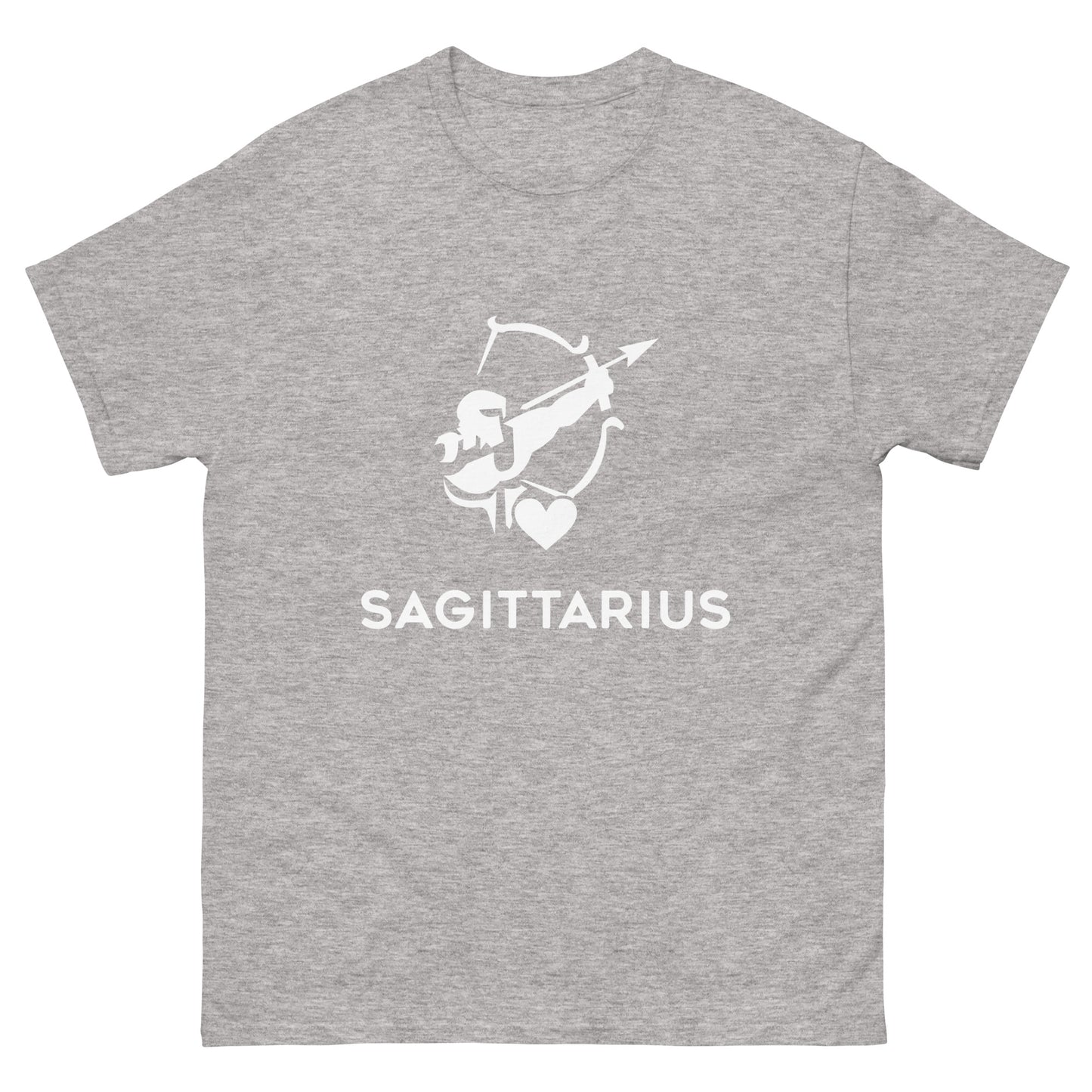 sport grey Sagittarius Zodiac Sign T-shirt from Yebber, featuring a minimalist archer symbol with a heart – statement clothing for astrology enthusiasts.