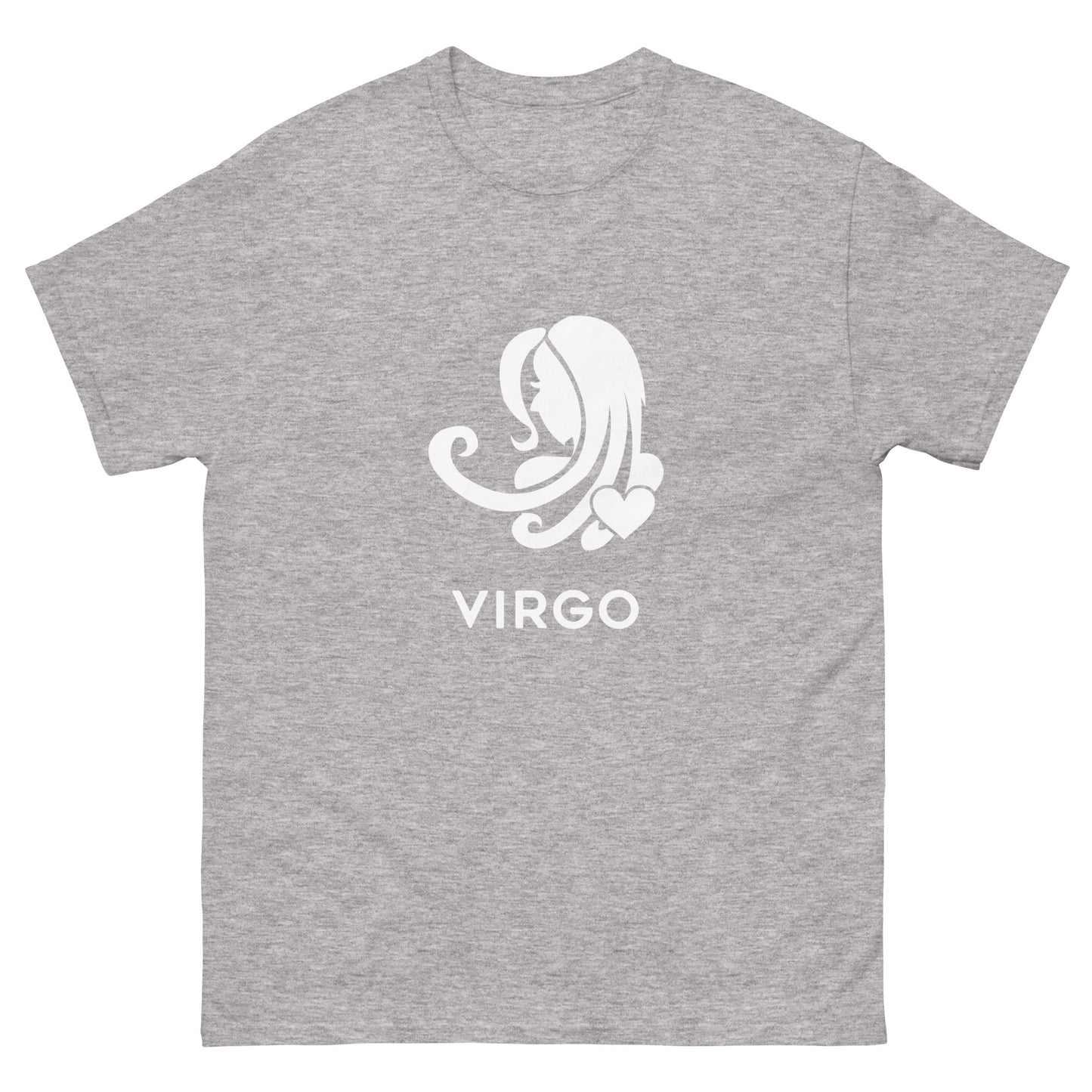 Sport Grey Virgo Zodiac Sign T-shirt from Yebber, featuring a minimalist Virgo symbol with a heart – statement clothing for astrology enthusiasts.