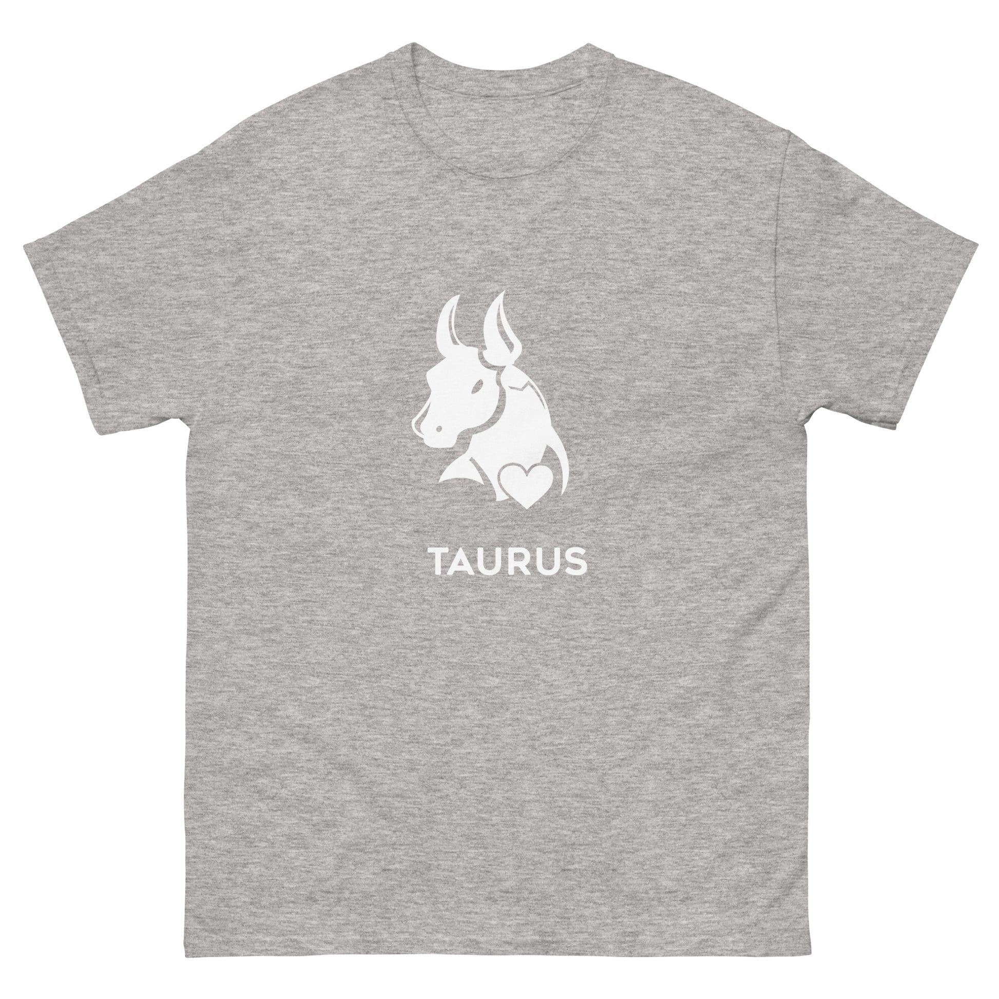 Sport Grey Taurus Zodiac Sign T-shirt from Yebber, featuring a minimalist bull symbol in a heart – statement clothing for astrology enthusiasts.