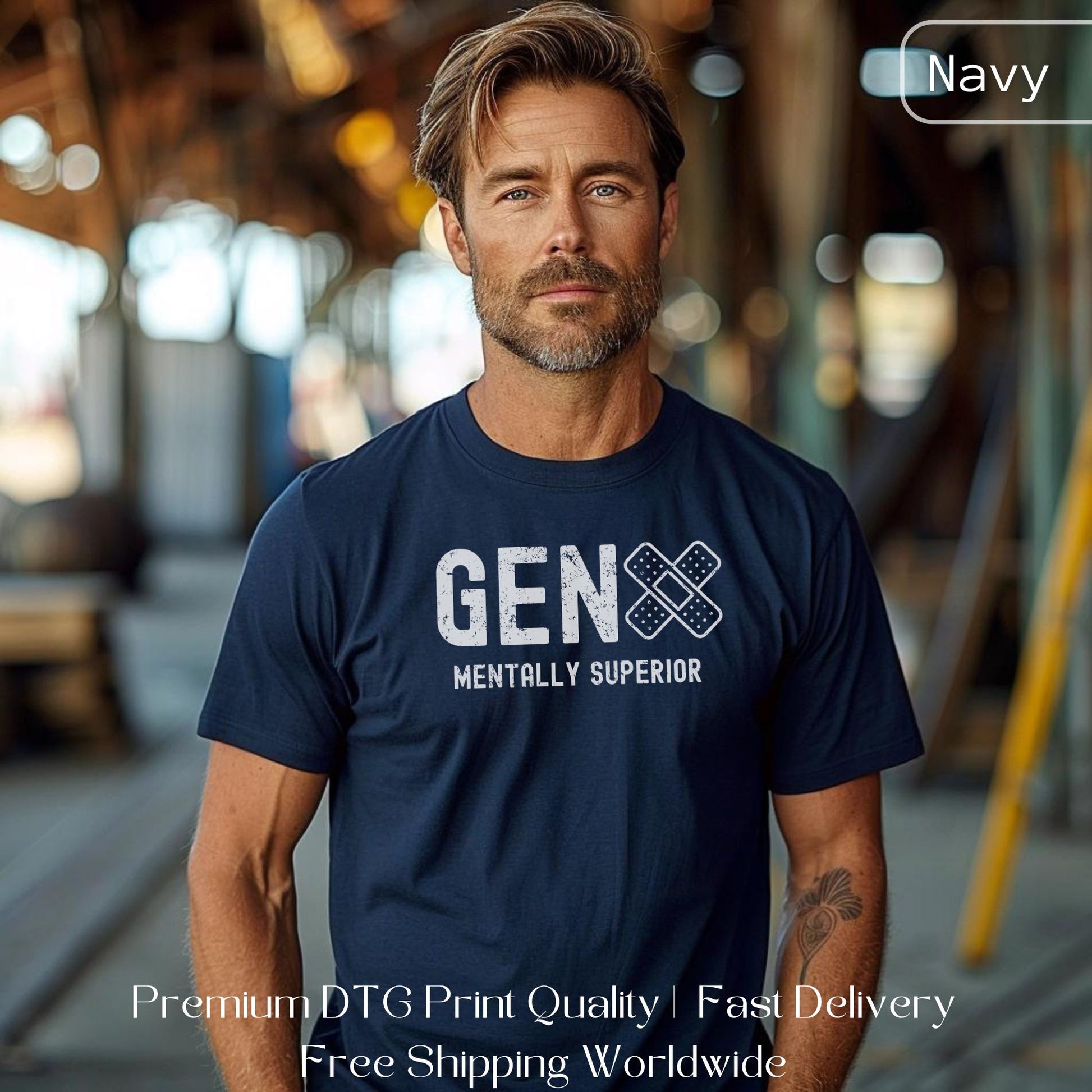 Man wearing a blue Gen X statement clothing T-shirt with the text "Mentally Superior," standing in an industrial warehouse setting. Premium DTG print quality, fast delivery, and free worldwide shipping by Yebber.