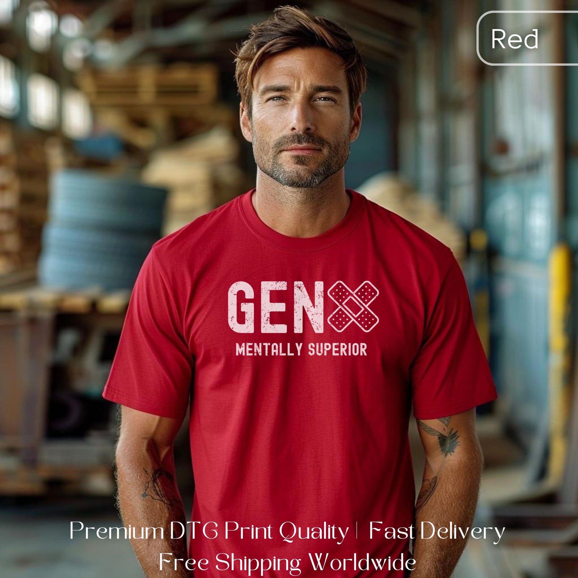 Man wearing a red Gen X statement clothing T-shirt with the text "Mentally Superior," standing in an industrial warehouse setting. Premium DTG print quality, fast delivery, and free worldwide shipping by Yebber.