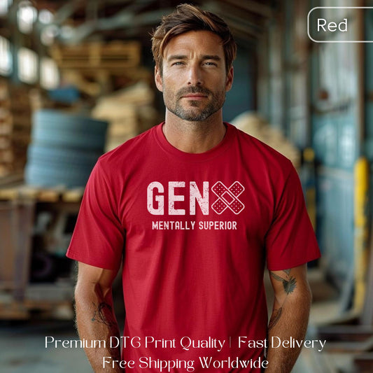 Man wearing a red Gen X statement clothing T-shirt with the text "Mentally Superior," standing in an industrial warehouse setting. Premium DTG print quality, fast delivery, and free worldwide shipping by Yebber.