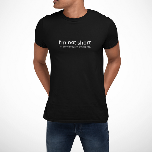 Person wearing a black Short Yet Awesome T-shirt from Yebber, featuring bold and witty typography for confident individuals – statement clothing with humor.