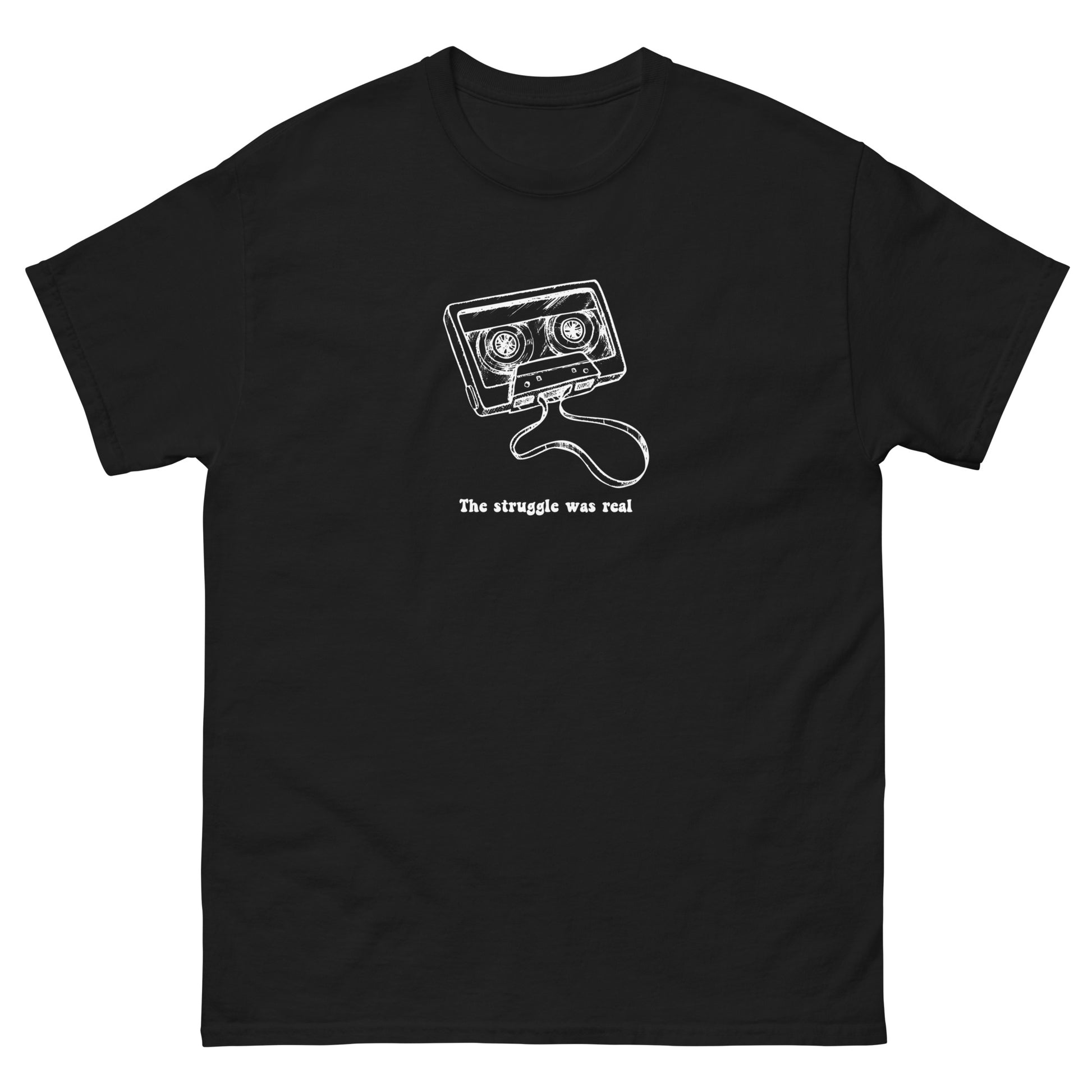 black Yebber T-shirt with a white cassette tape graphic and the phrase "The struggle was real" – nostalgic Gen X statement clothing with a retro twist.