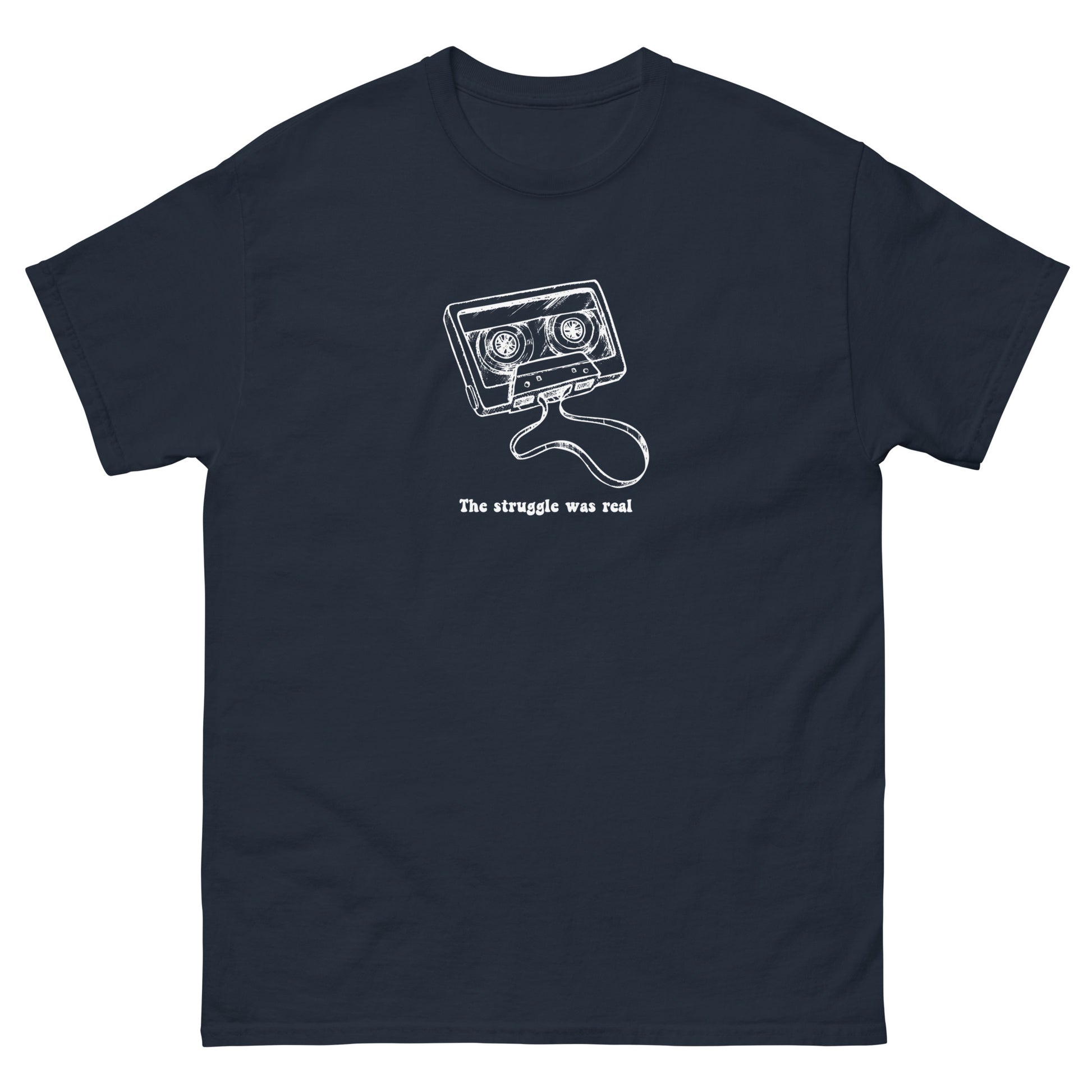 navy Yebber T-shirt with a white cassette tape graphic and the phrase "The struggle was real" – nostalgic Gen X statement clothing with a retro twist.