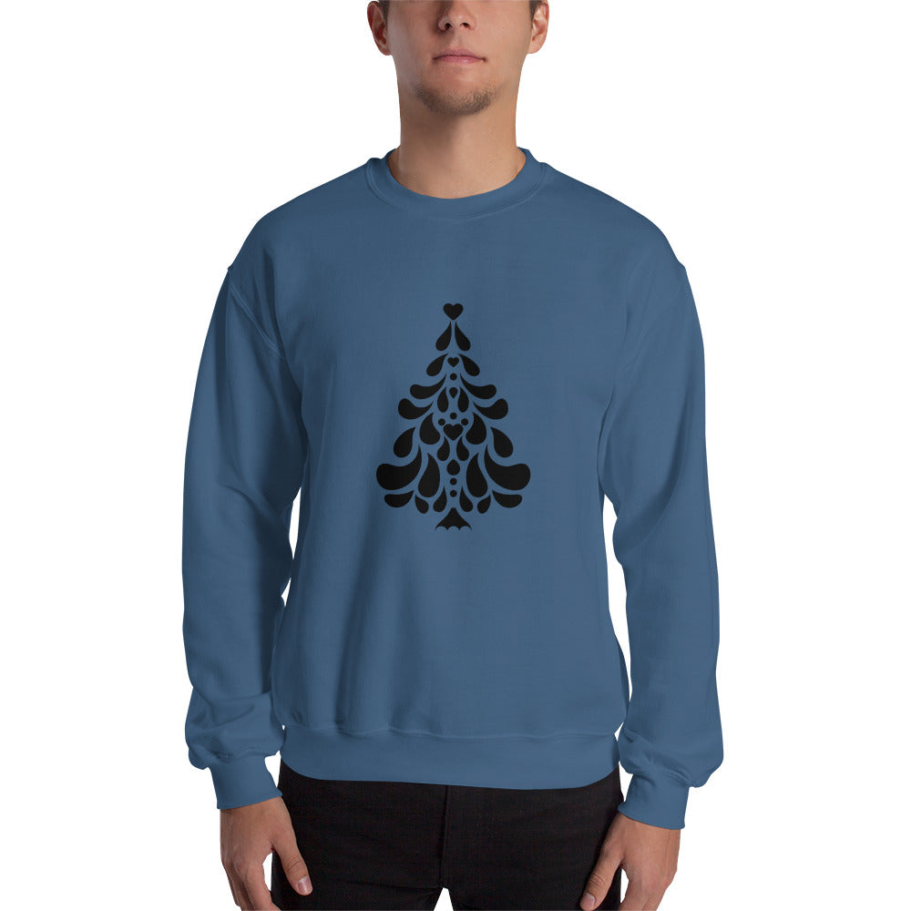 Person wearing a Indigo Blue Minimalistic Christmas statement clothing sweatshirt with a black minimalist Christmas tree design.