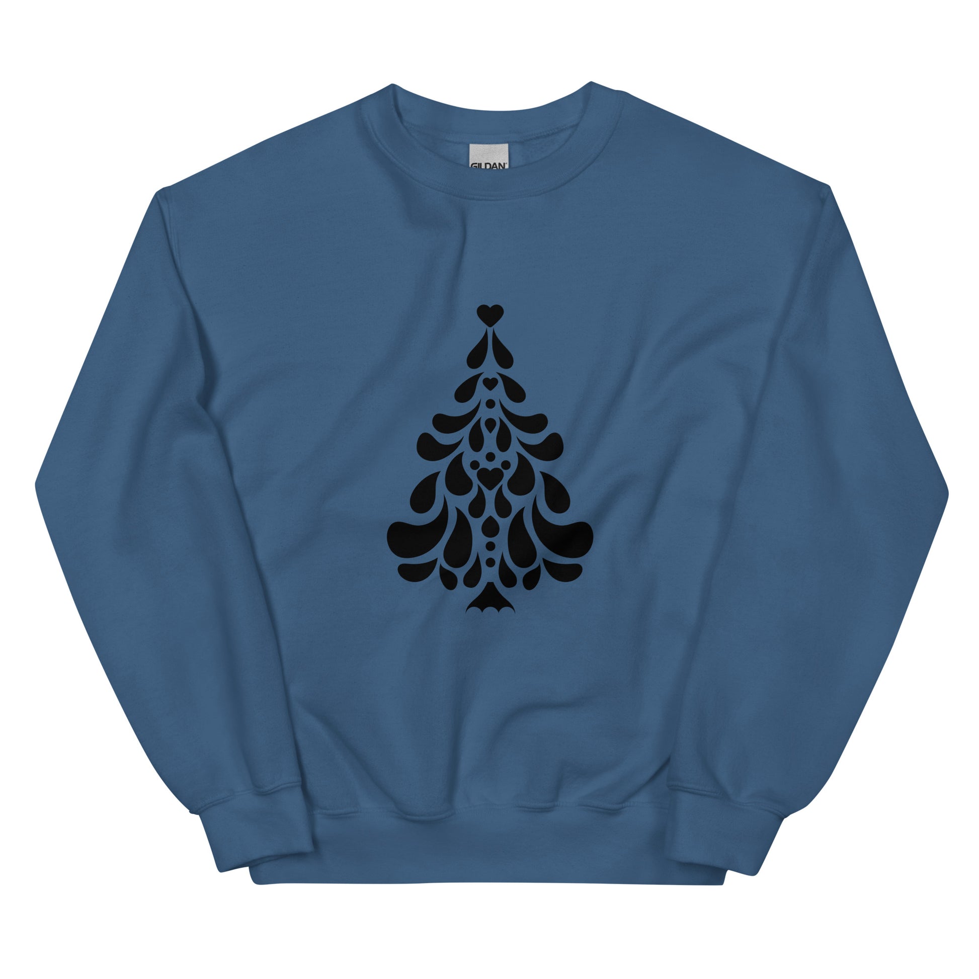 Indigo Blue Minimalistic Christmas statement clothing sweatshirt with a black minimalist Christmas tree design.