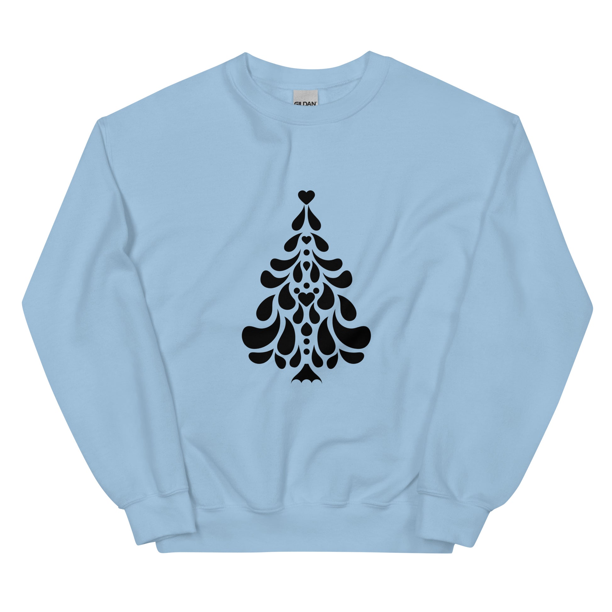 Light Blue Minimalistic Christmas statement clothing sweatshirt with a black minimalist Christmas tree design.