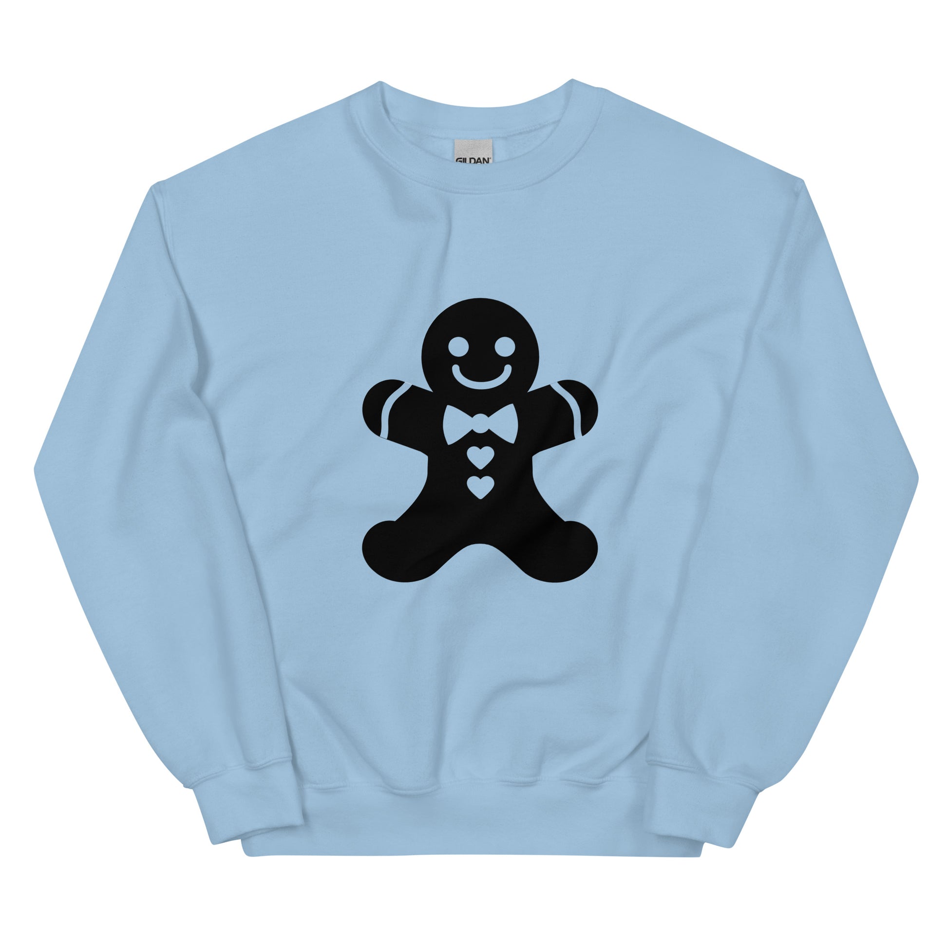 Light Blue Minimalistic Christmas statement clothing sweatshirt with a black gingerbread man design.