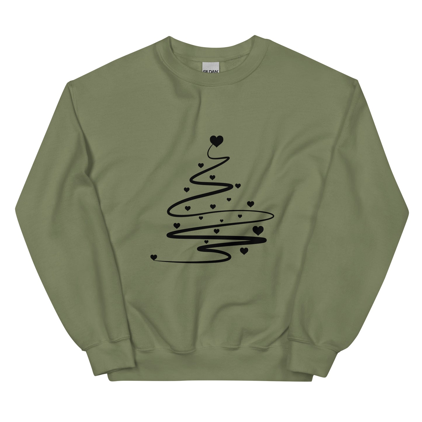 Military Green Minimalistic Christmas statement clothing sweatshirt with a black abstract Christmas tree design.