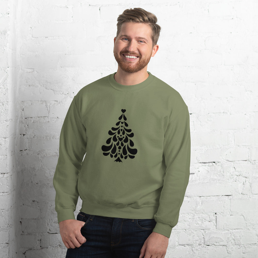 Person wearing a Military Green Minimalistic Christmas statement clothing sweatshirt with a black minimalist Christmas tree design.