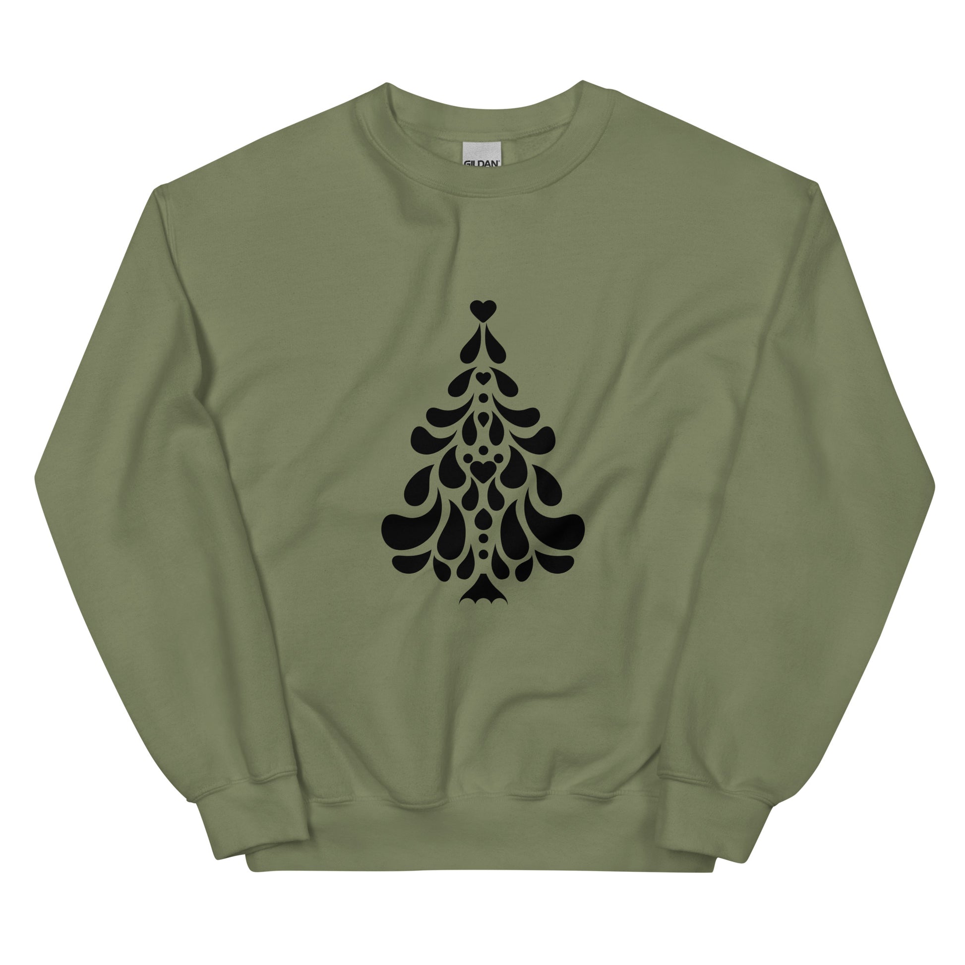 Military Green Minimalistic Christmas statement clothing sweatshirt with a black minimalist Christmas tree design.