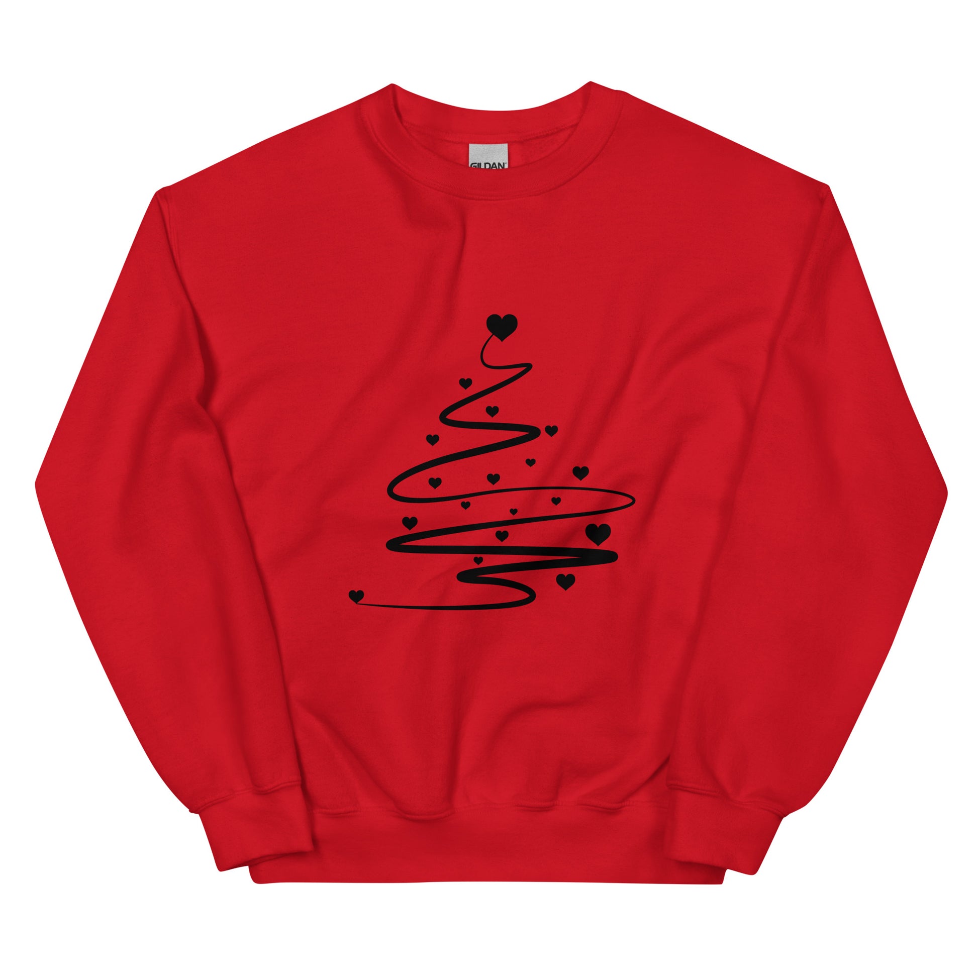 Red Minimalistic Christmas statement clothing sweatshirt with a black abstract Christmas tree design.