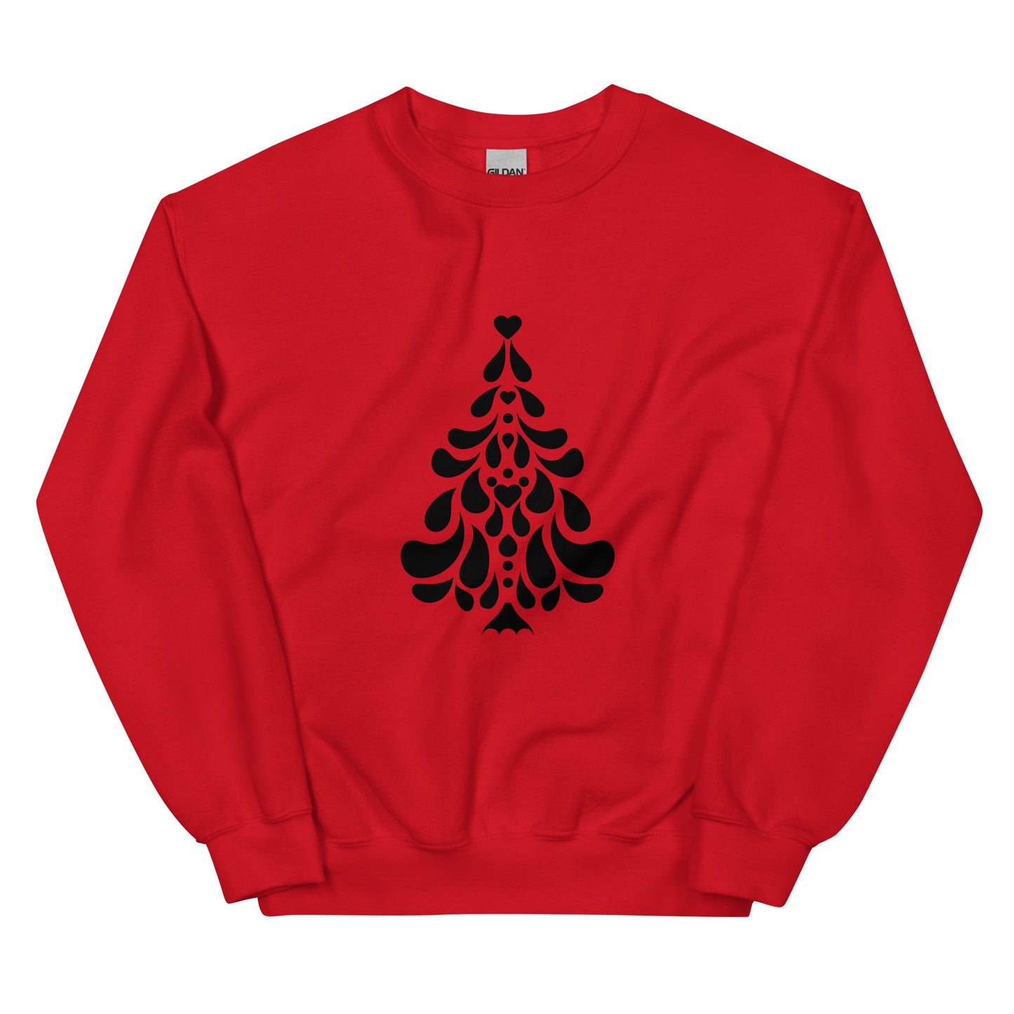 Red Minimalistic Christmas statement clothing sweatshirt with a black minimalist Christmas tree design.