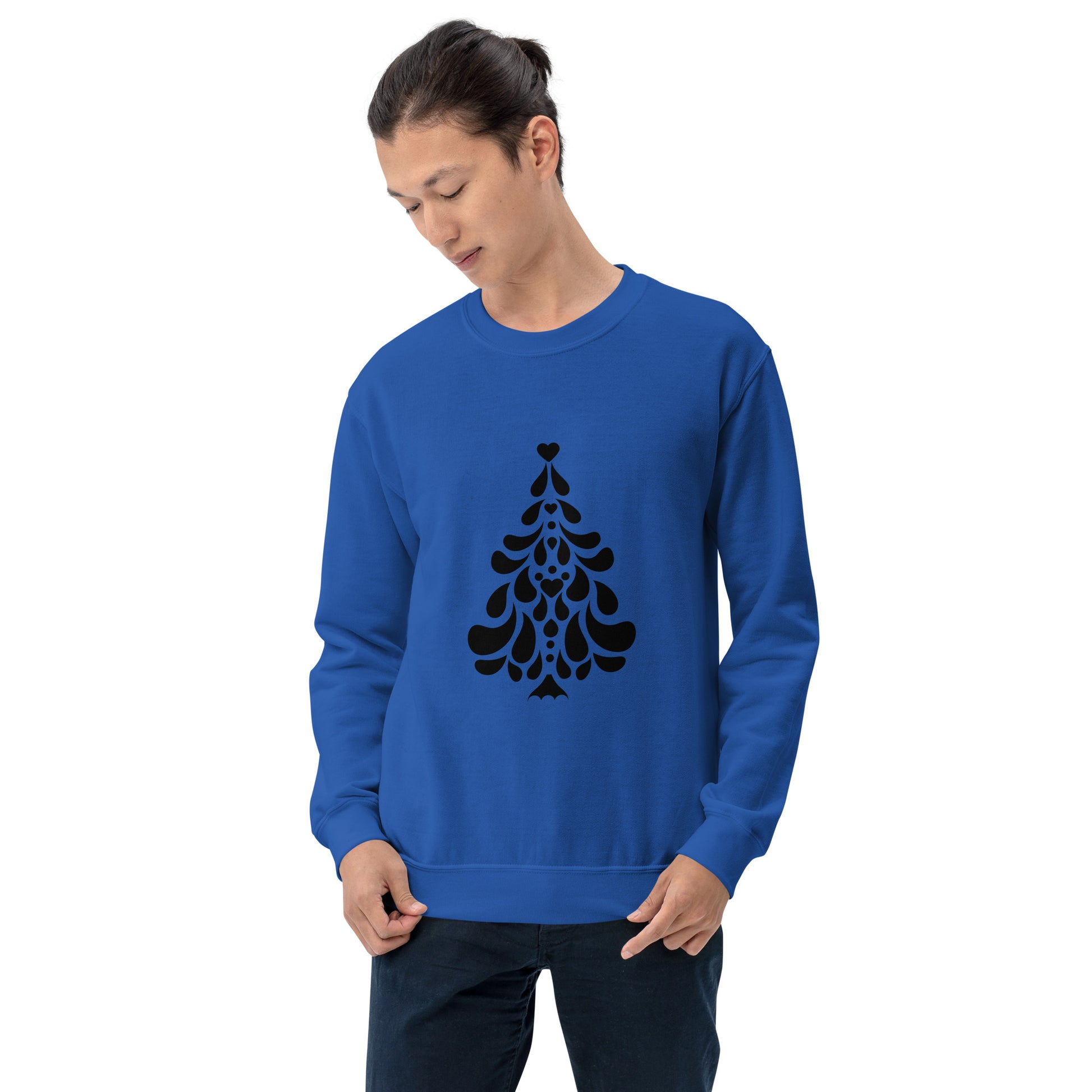 Person wearing a Royal Blue Minimalistic Christmas statement clothing sweatshirt with a black minimalist Christmas tree design.