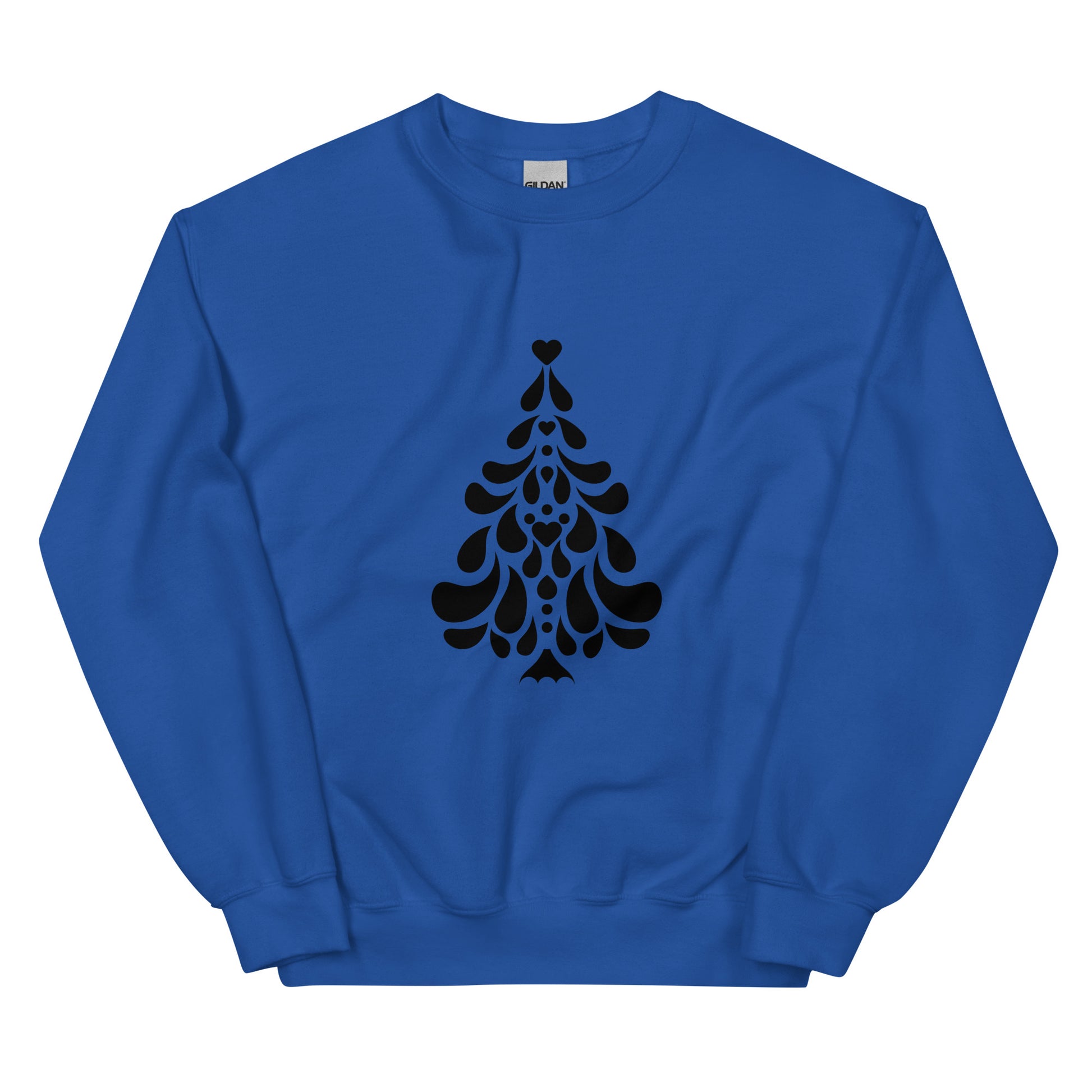 Royal Blue Minimalistic Christmas statement clothing sweatshirt with a black minimalist Christmas tree design.