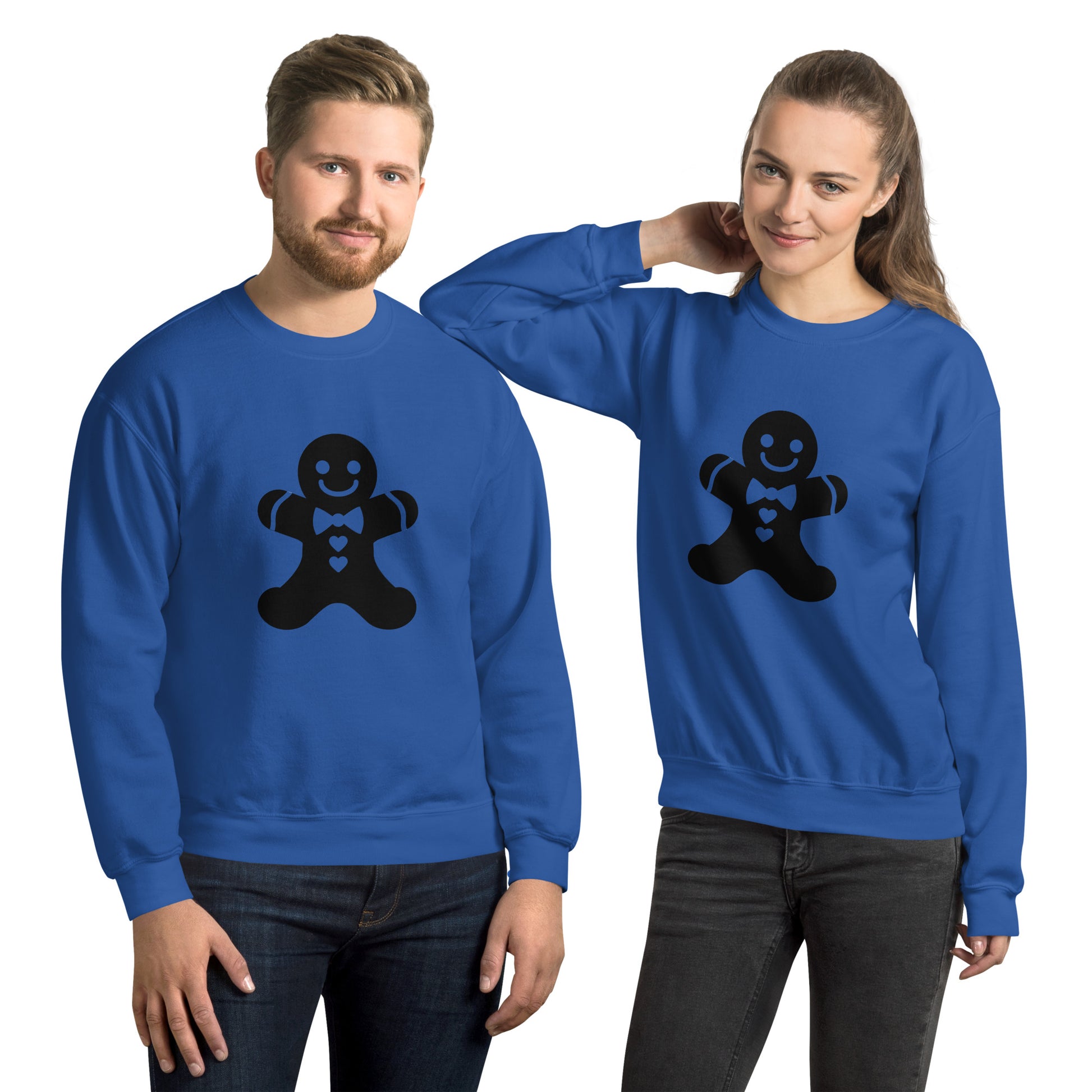 Couple wearing a Indigo Blue Minimalistic Christmas statement clothing sweatshirt with a black gingerbread man design.