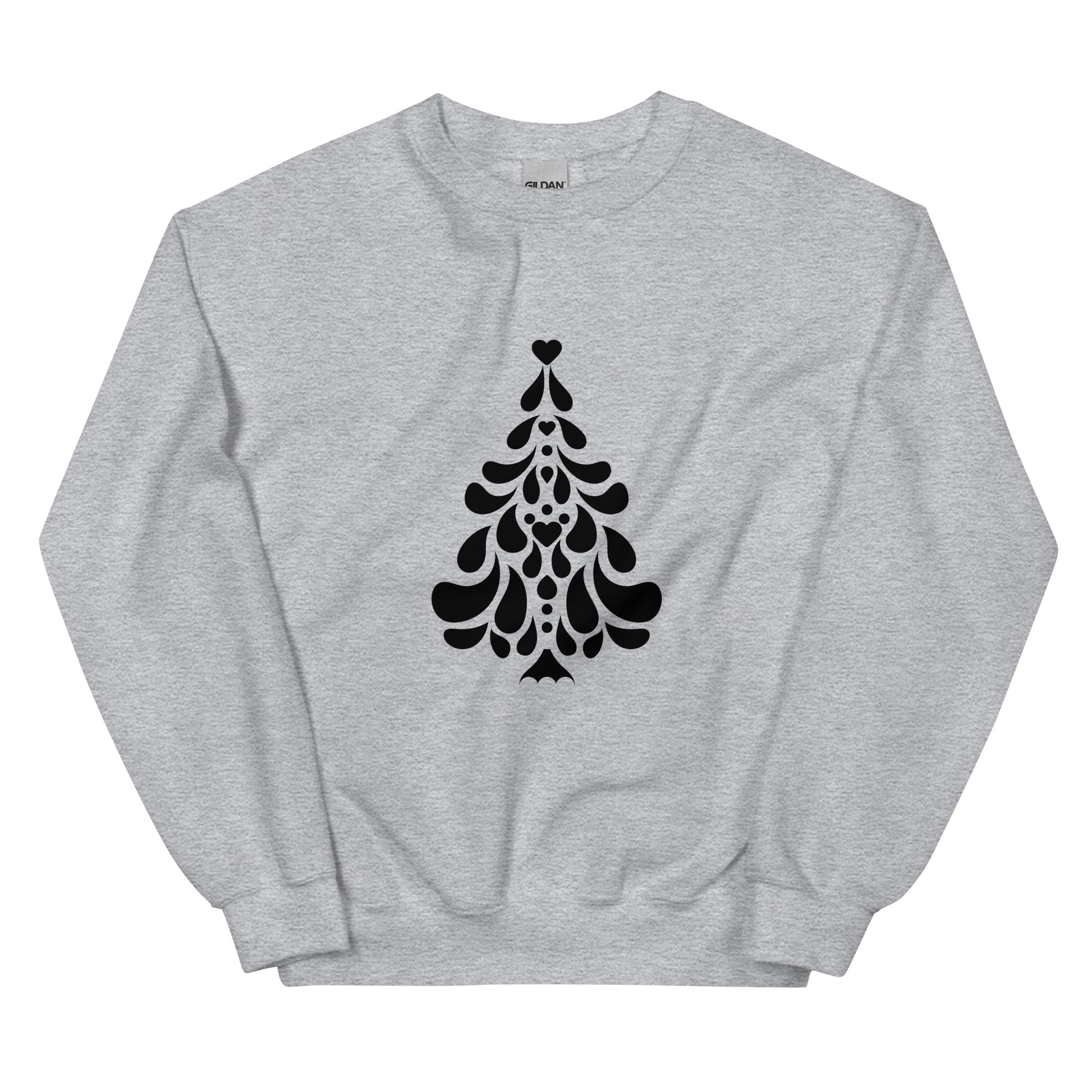 Sports Grey Minimalistic Christmas statement clothing sweatshirt with a black minimalist Christmas tree design.