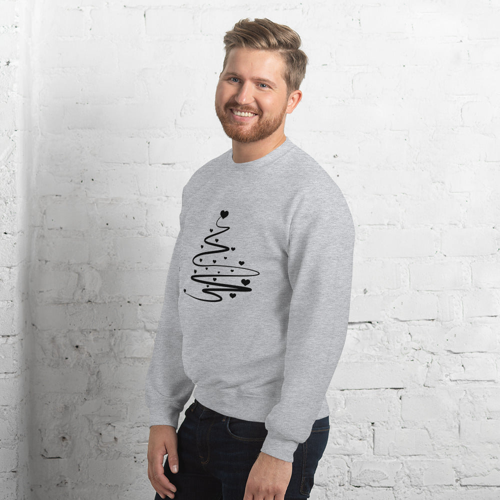 Person wearing a Sports Grey Minimalistic Christmas statement clothing sweatshirt with a black abstract Christmas tree design.