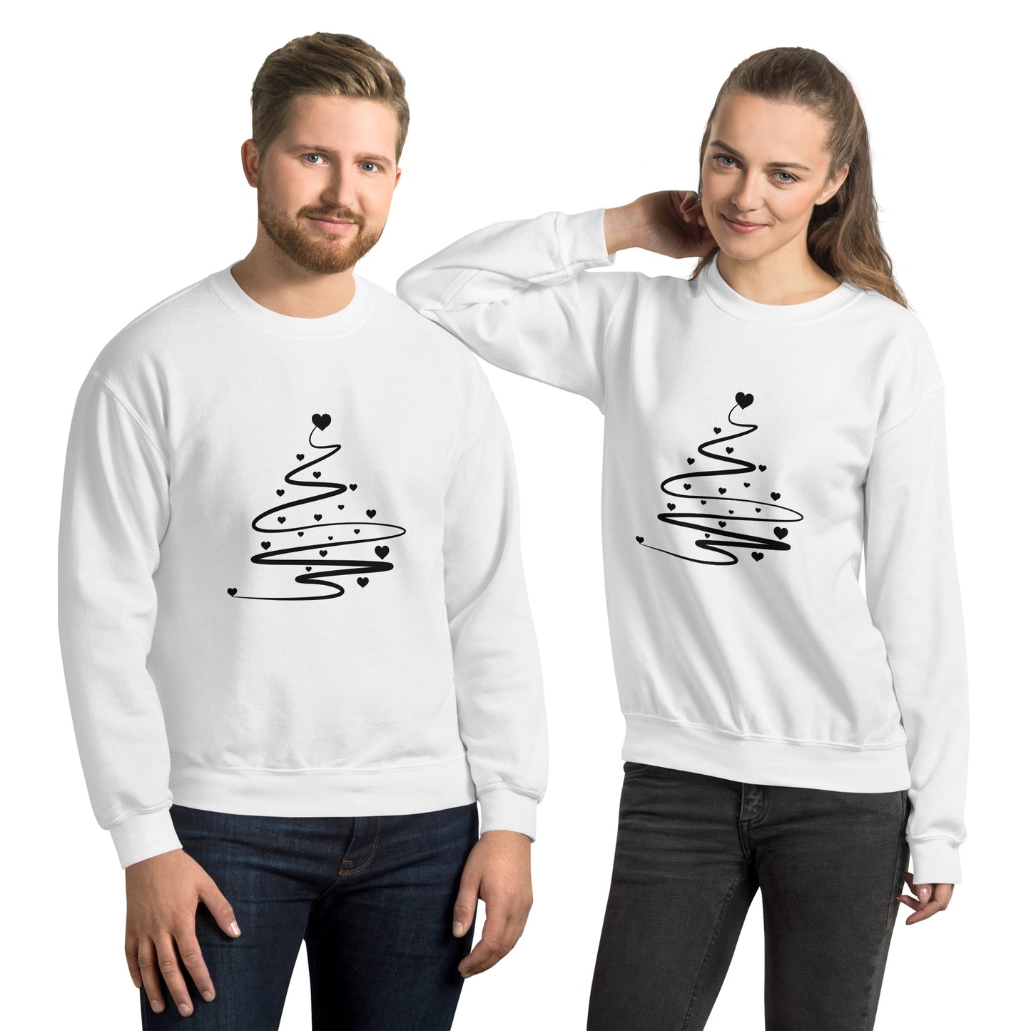 Couple wearing a white Minimalistic Christmas statement clothing sweatshirt with a black abstract Christmas tree design.