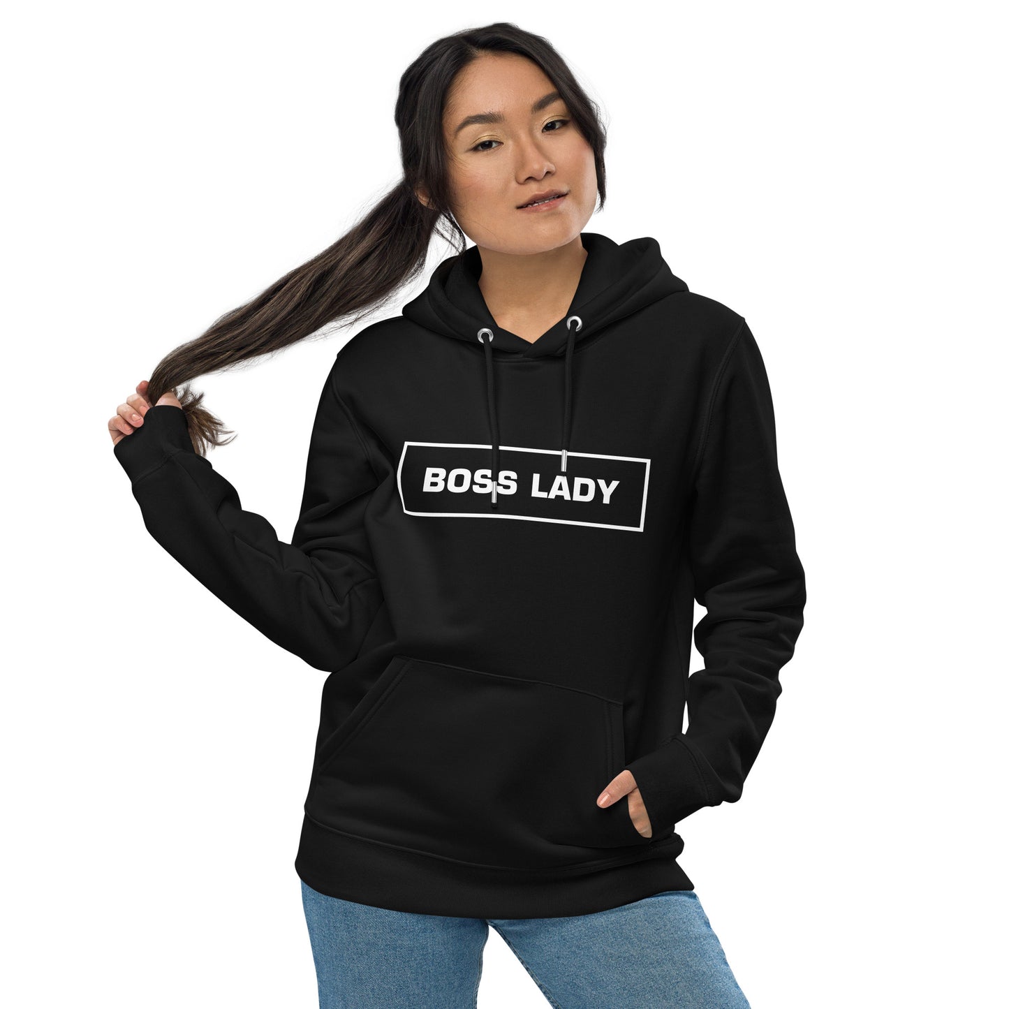 Asian woman wearing a black Boss Lady statement clothing hoodie with bold white text.