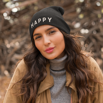 Happy Embroidered Beanie - Yebber