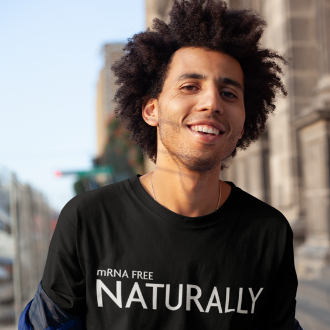 Man wearing a black mRNA FREE T-shirt from Yebber, making a bold statement about natural choices – statement clothing for personal freedom advocates.