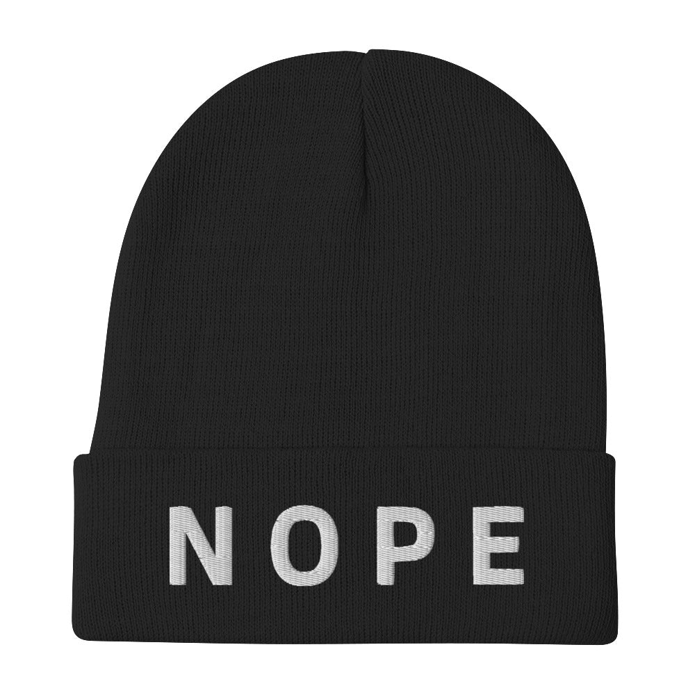  black Nope Embroidered Beanie from Yebber, featuring bold embroidered text on a snug, stylish design – statement clothing for those with a bold attitude.