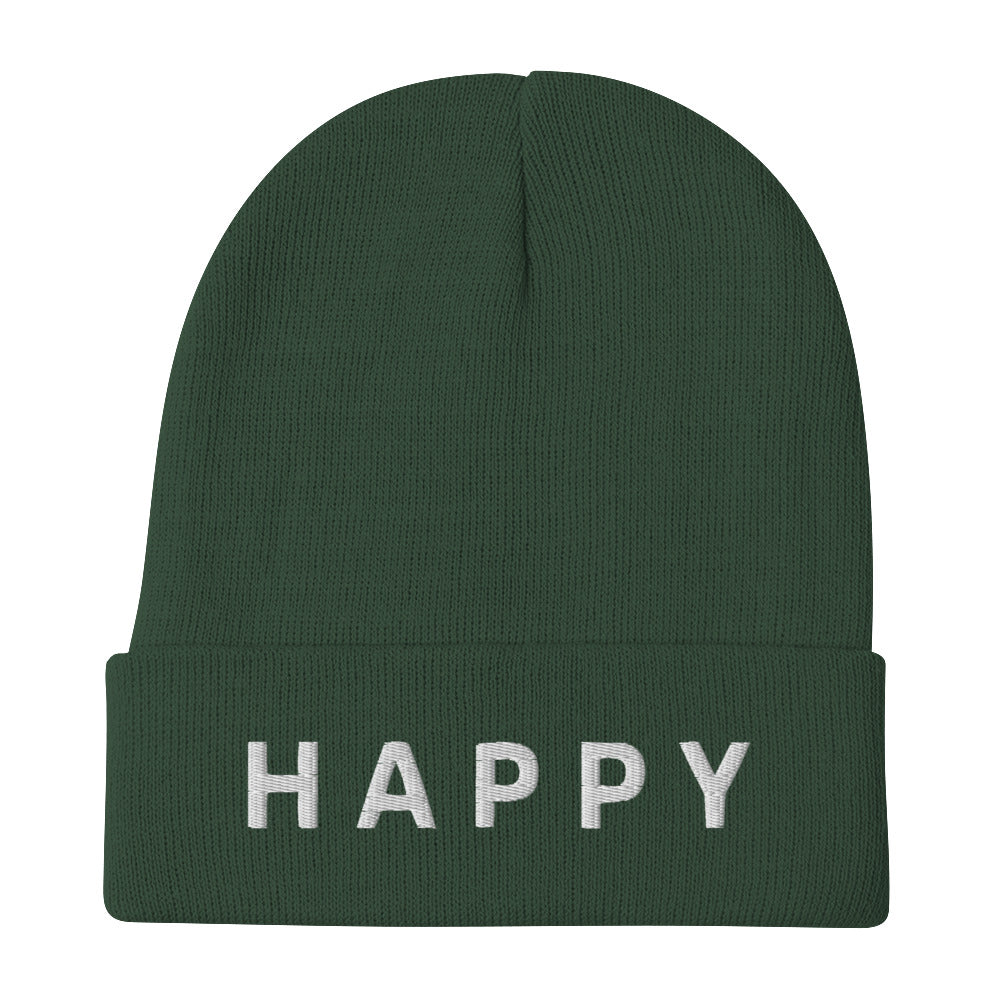 Close-up of a dark greenHappy Embroidered Beanie from Yebber, featuring minimalist text embroidery on a cozy cotton-acrylic blend – statement clothing for positive thinkers.