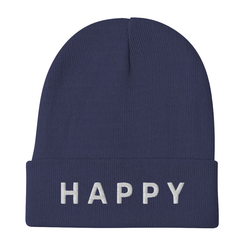 Close-up of a navy Happy Embroidered Beanie from Yebber, featuring minimalist text embroidery on a cozy cotton-acrylic blend – statement clothing for positive thinkers.