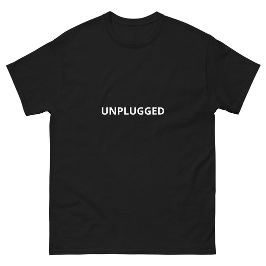 front black Unplugged T-shirt from Yebber, featuring a bold message of freedom from mainstream narratives – statement clothing for independent thinkers.
