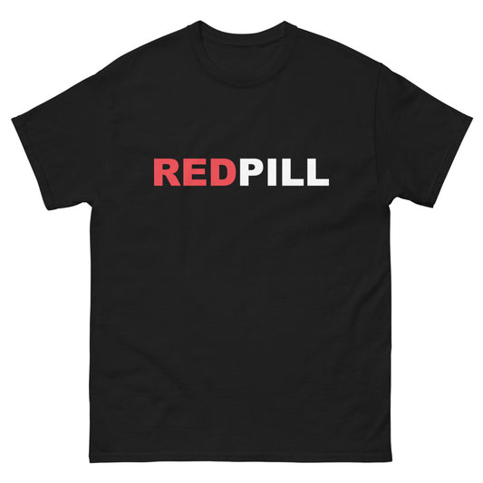 front black Red Pill T-shirt from Yebber, featuring bold red and white typography symbolizing awakening – statement clothing for truth seekers.