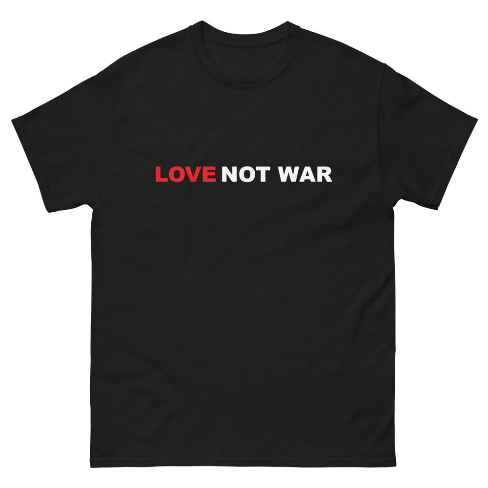 front black Love Not War T-shirt from Yebber, featuring a bold message promoting peace and unity – statement clothing for advocates of love over conflict.