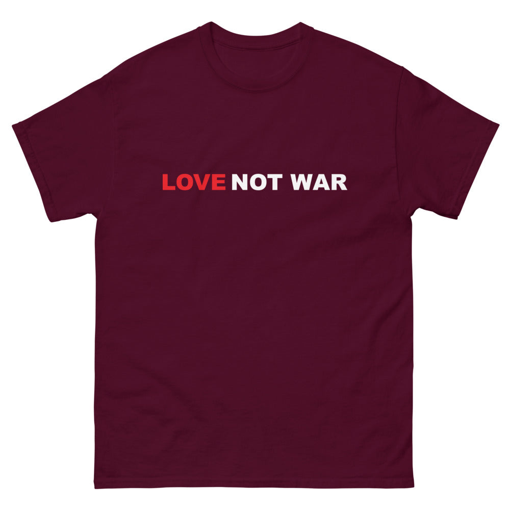 front maroon Love Not War T-shirt from Yebber, featuring a bold message promoting peace and unity – statement clothing for advocates of love over conflict.