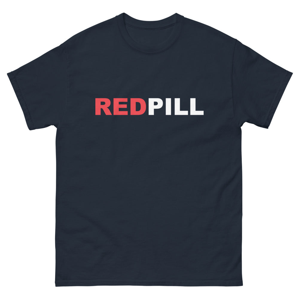 front navy Red Pill T-shirt from Yebber, featuring bold red and white typography symbolizing awakening – statement clothing for truth seekers.