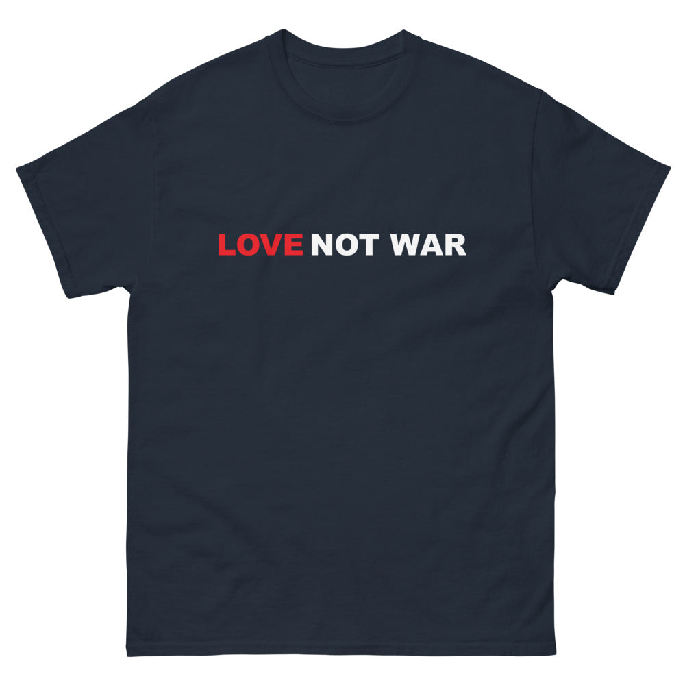 front navy Love Not War T-shirt from Yebber, featuring a bold message promoting peace and unity – statement clothing for advocates of love over conflict.