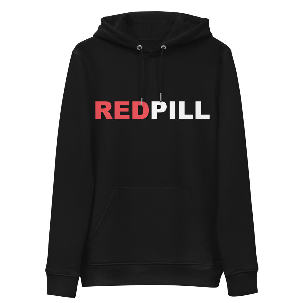 front black Red Pill Hoodie from Yebber, featuring bold red and white typography symbolizing awakening – statement clothing for truth seekers.