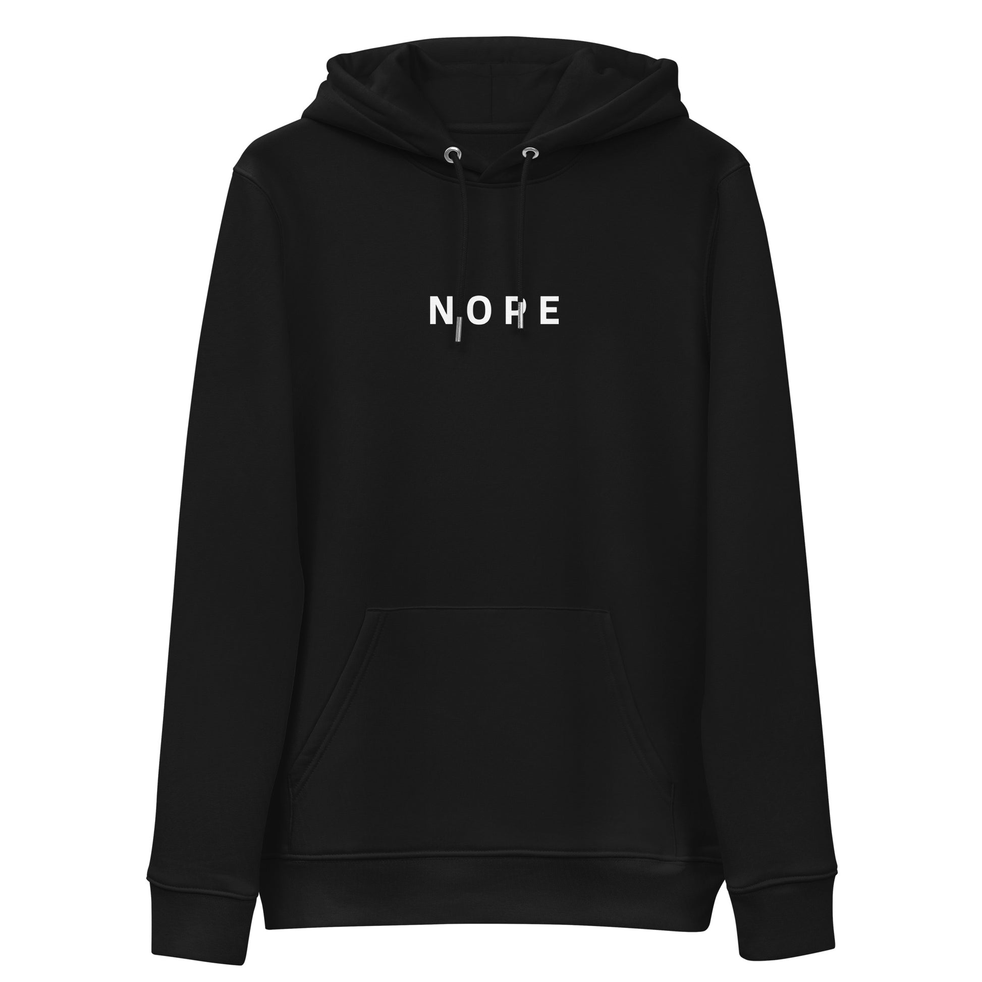 black Nope Hoodie from Yebber, featuring bold minimalist text on an eco-friendly hoodie – statement clothing for those who stand their ground.