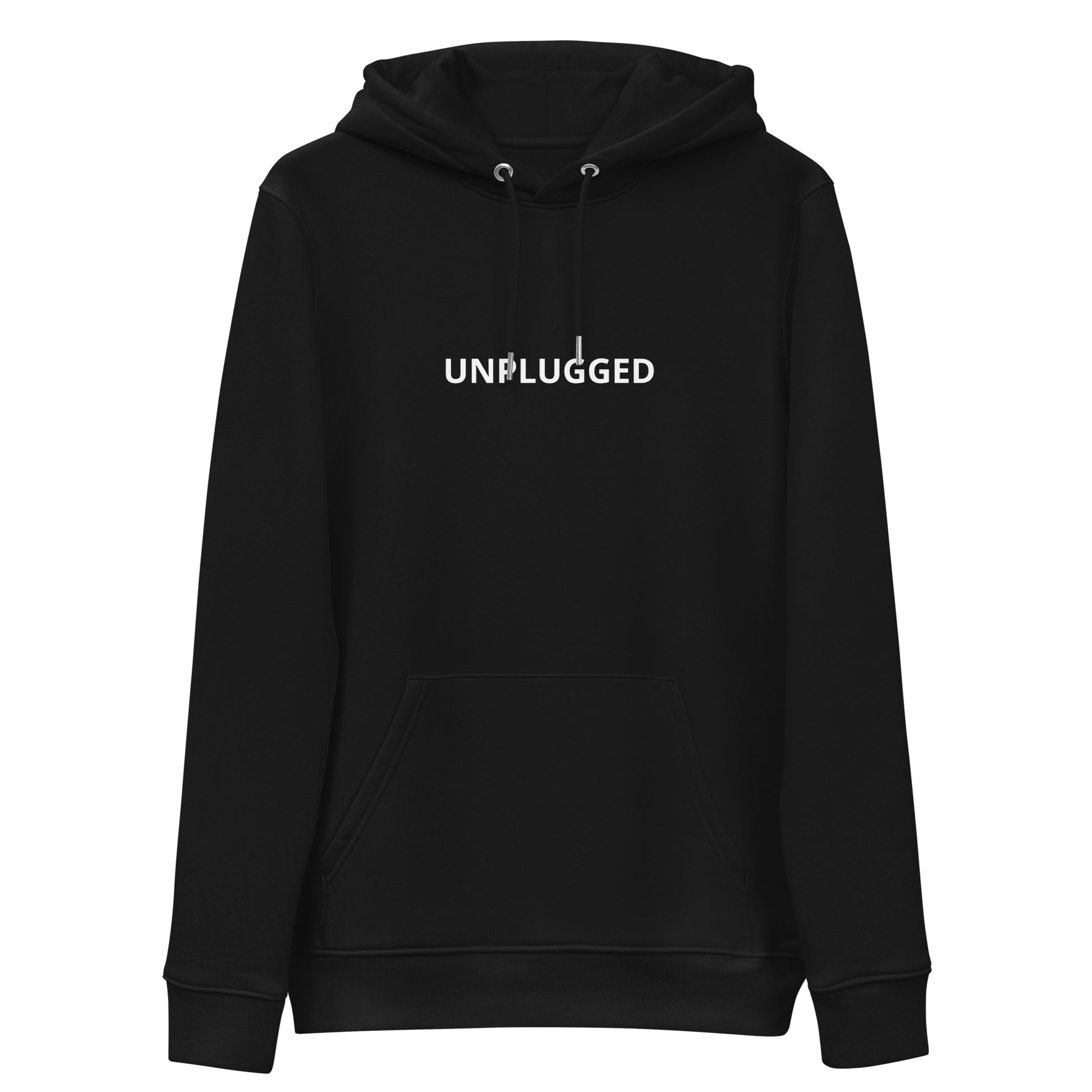 front Unplugged Hoodie from Yebber, symbolizing freedom from societal programming – statement clothing for independent thinkers.