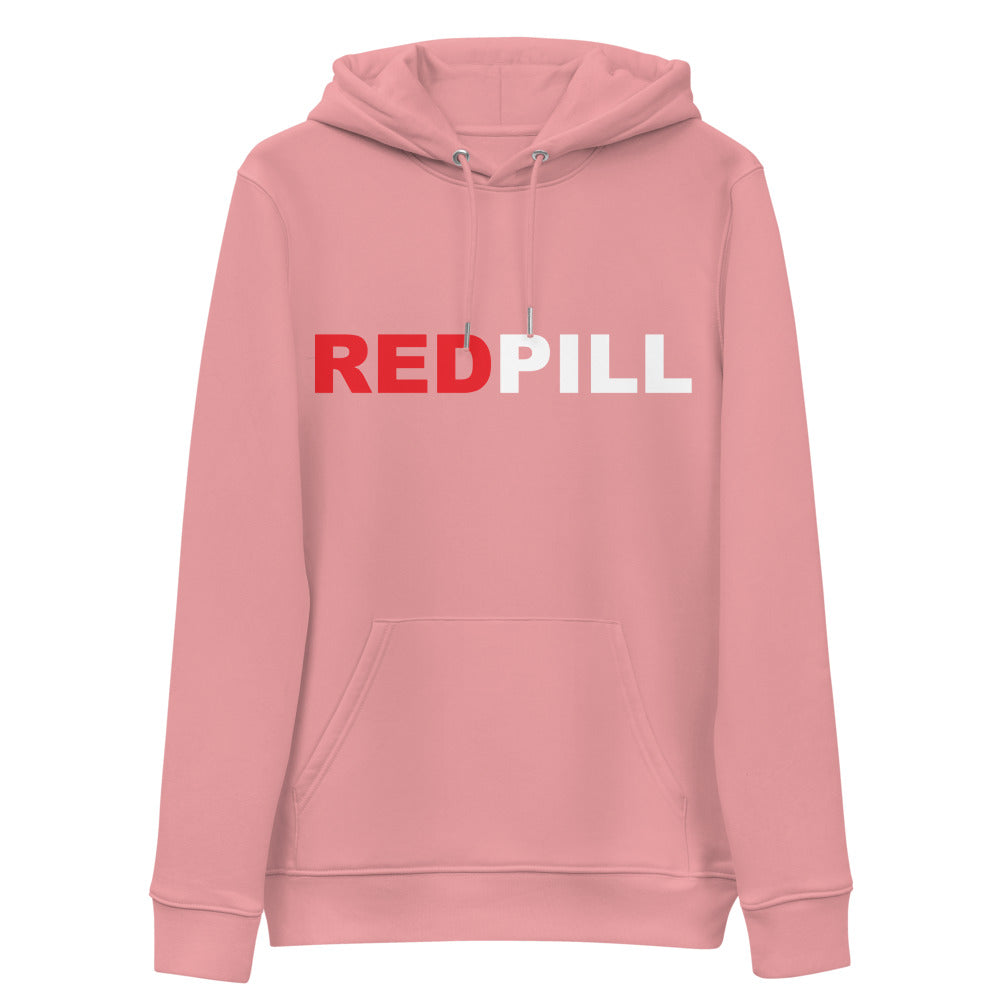 front pink Red Pill Hoodie from Yebber, featuring bold red and white typography symbolizing awakening – statement clothing for truth seekers.