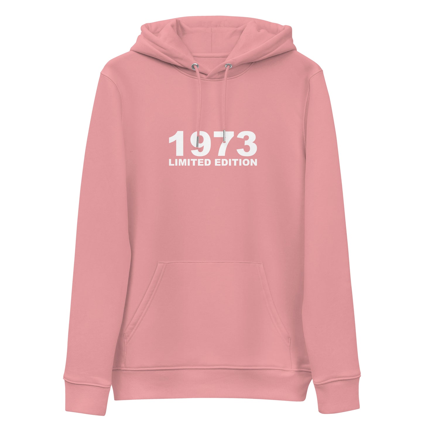 Canyon Pink hoodie with white bold text 1973 limited edtion