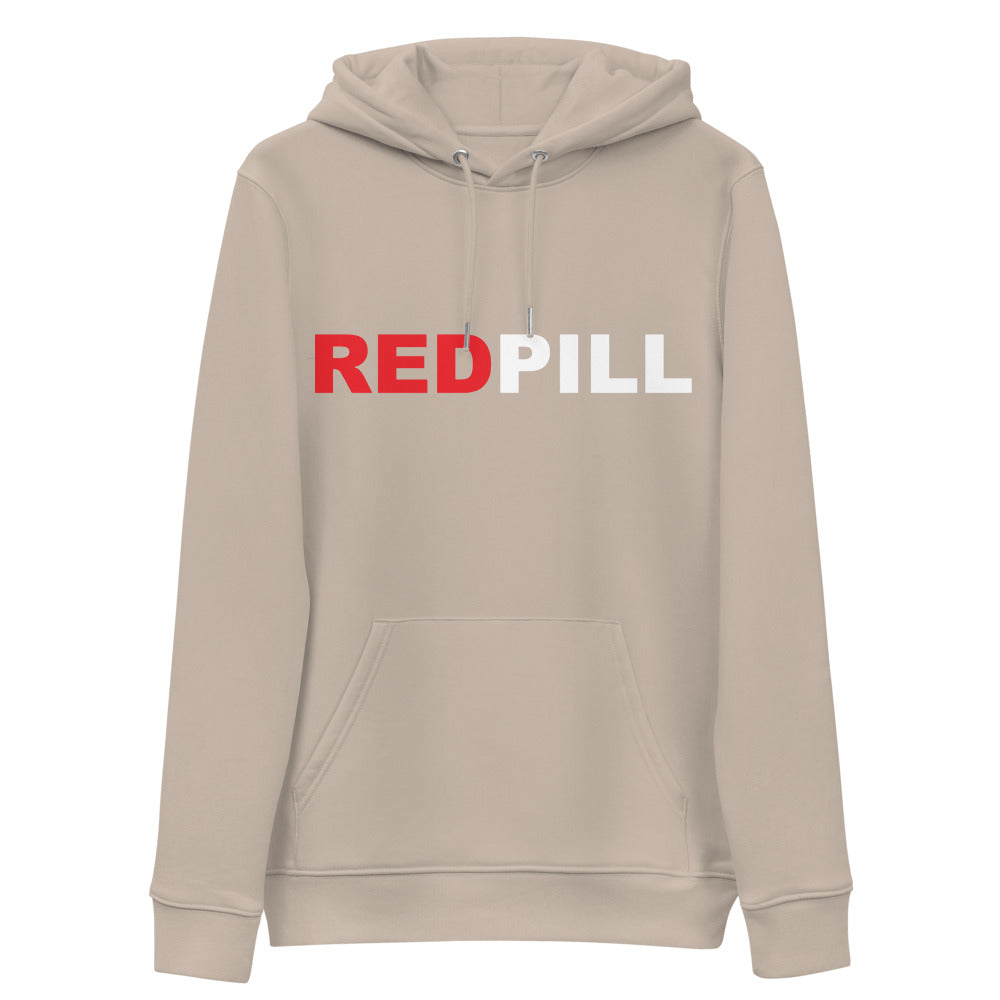 Front desert dust Red Pill Hoodie from Yebber, featuring bold red and white typography symbolizing awakening – statement clothing for truth seekers.