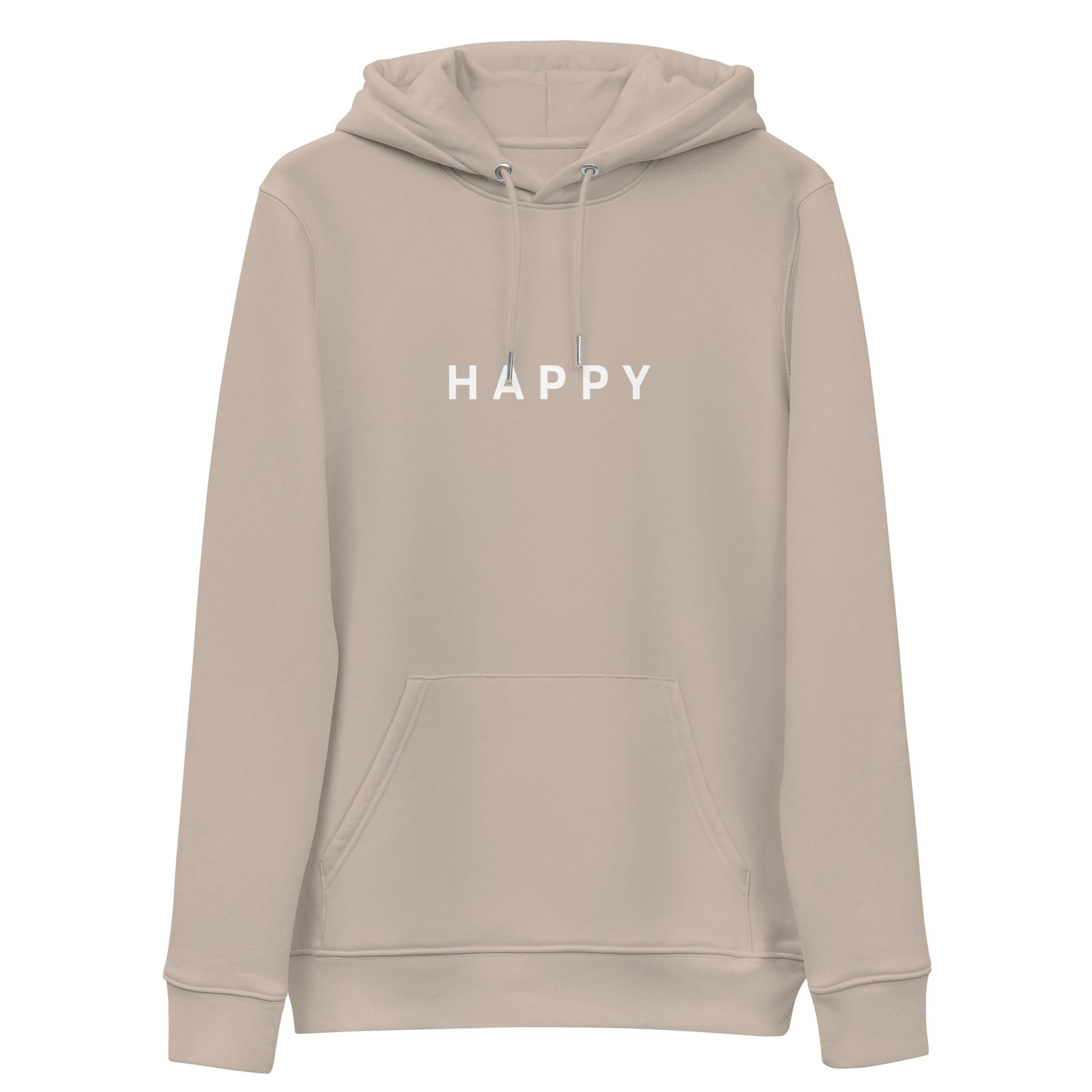 front desert dust Happy Hoodie from Yebber, featuring minimalist embroidery on a soft, eco-friendly fabric – statement clothing for those who spread good vibes.